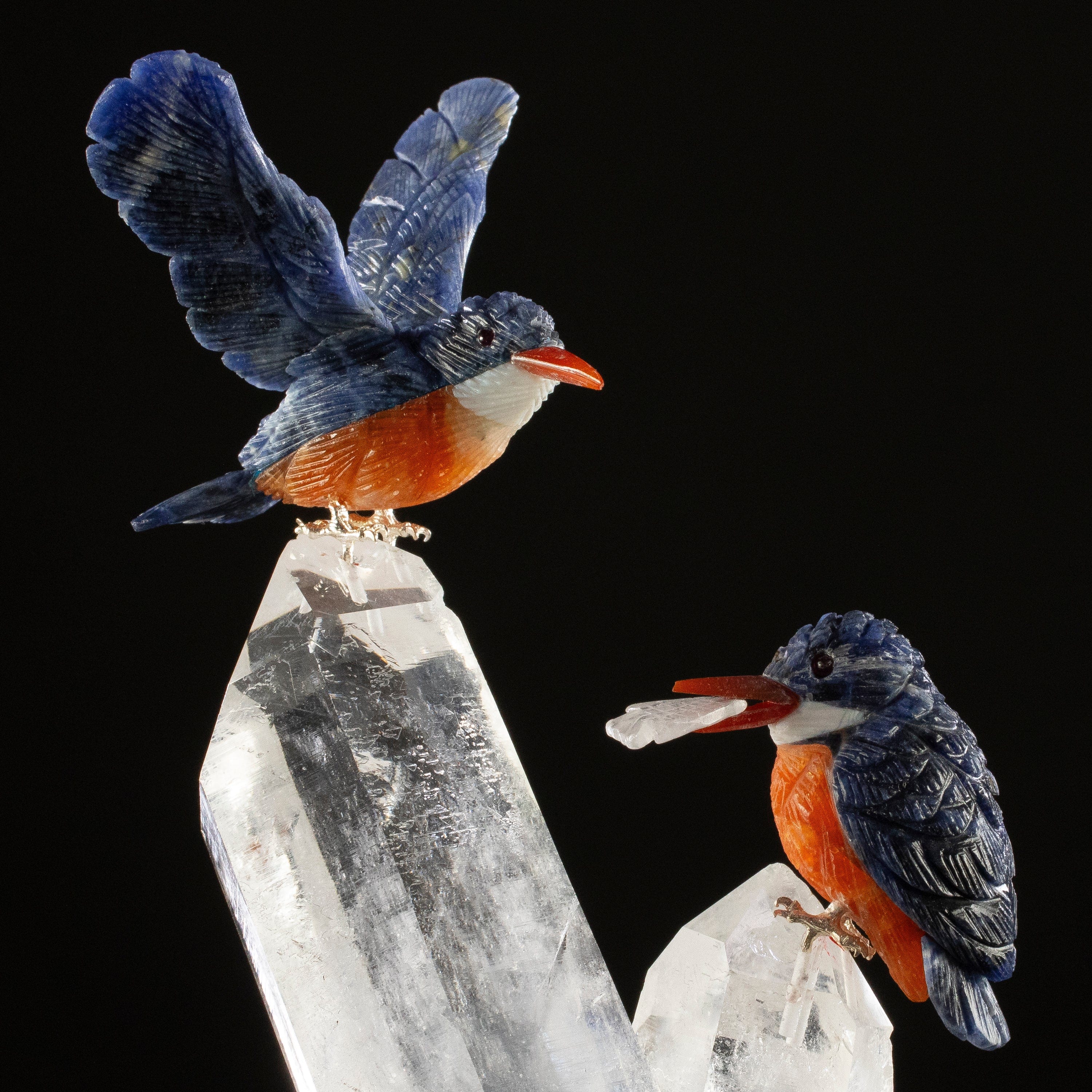 KALIFANO Love Birds Carvings Peter Muller Sodalite Kingfisher Couple Carving on Quartz Cluster Base LB.C235.002