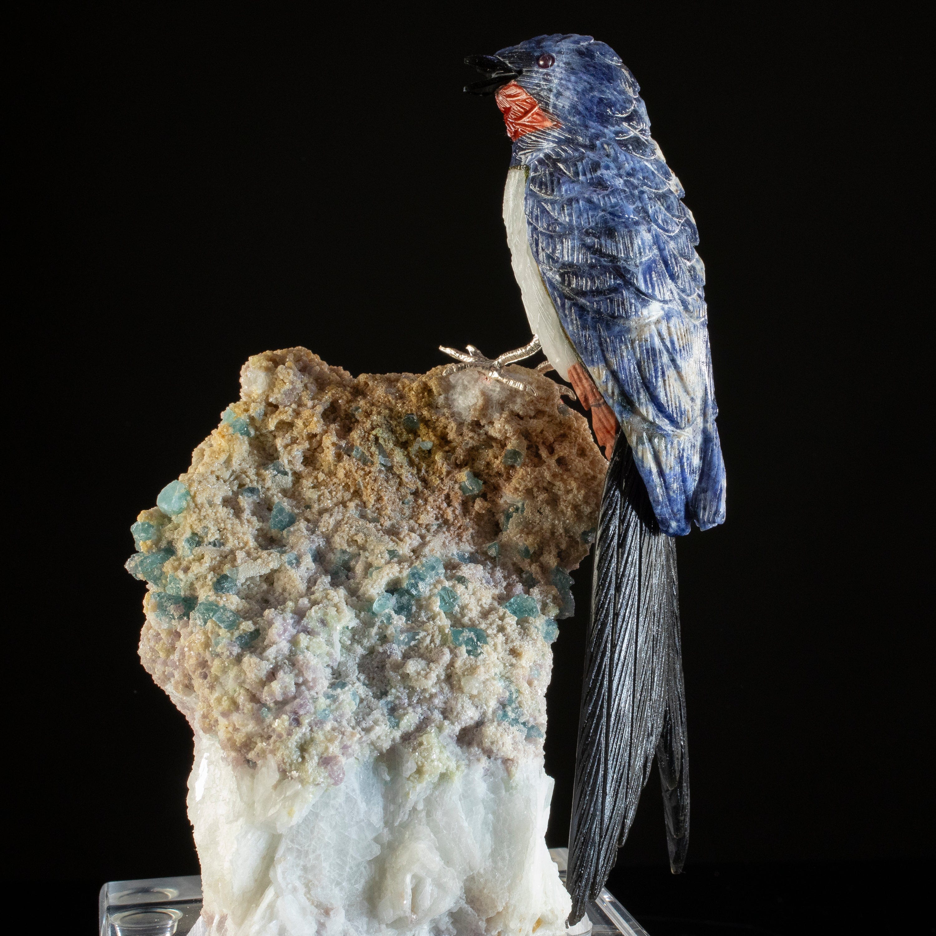 KALIFANO Love Birds Carvings Peter Muller Sodalite, Obsidian, Quartz Swallow Carving on Watermelon Tourmaline Base LB.A134.001