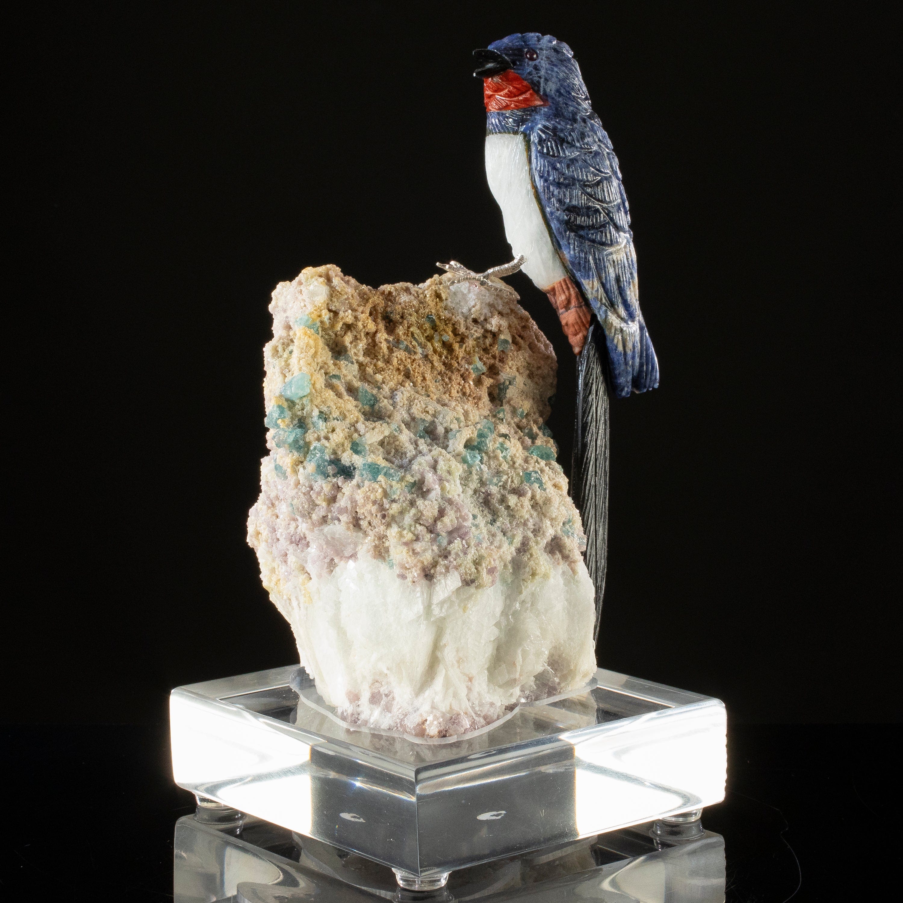 KALIFANO Love Birds Carvings Peter Muller Sodalite, Obsidian, Quartz Swallow Carving on Watermelon Tourmaline Base LB.A134.001