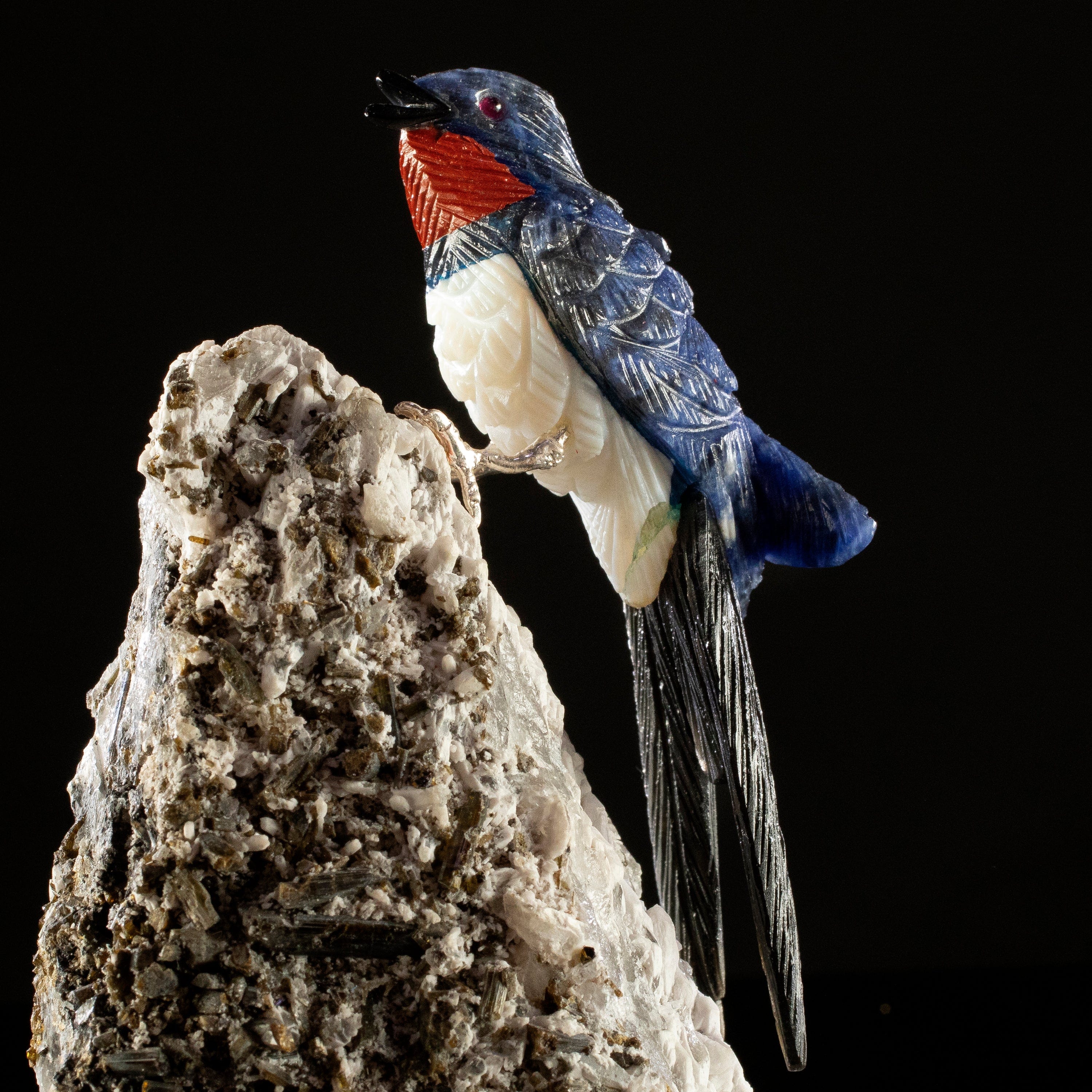 KALIFANO Love Birds Carvings Peter Muller Sodalite, Quartz, Obsidian Swallow Carving on Tourmaline Base LB.A148.003