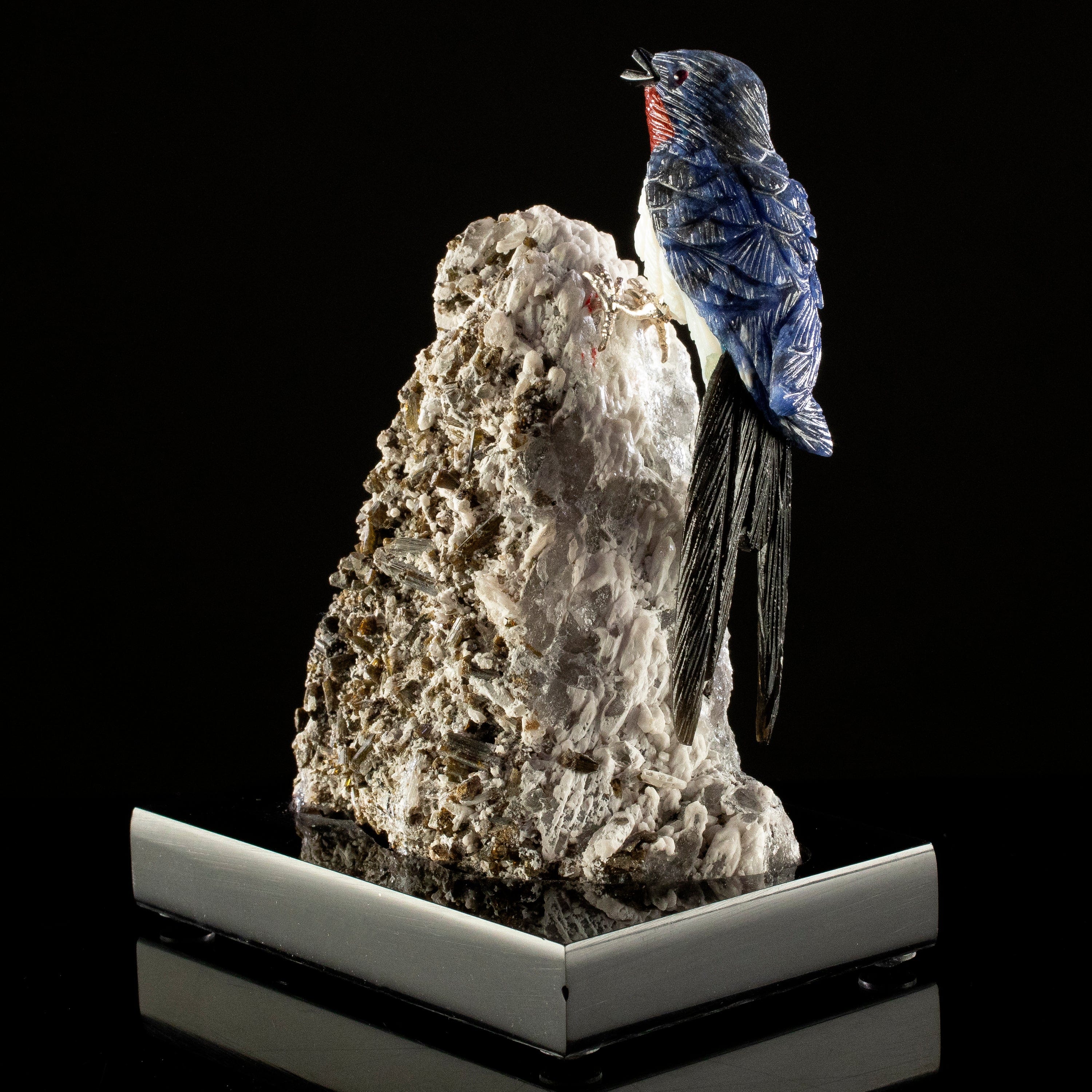 KALIFANO Love Birds Carvings Peter Muller Sodalite, Quartz, Obsidian Swallow Carving on Tourmaline Base LB.A148.003