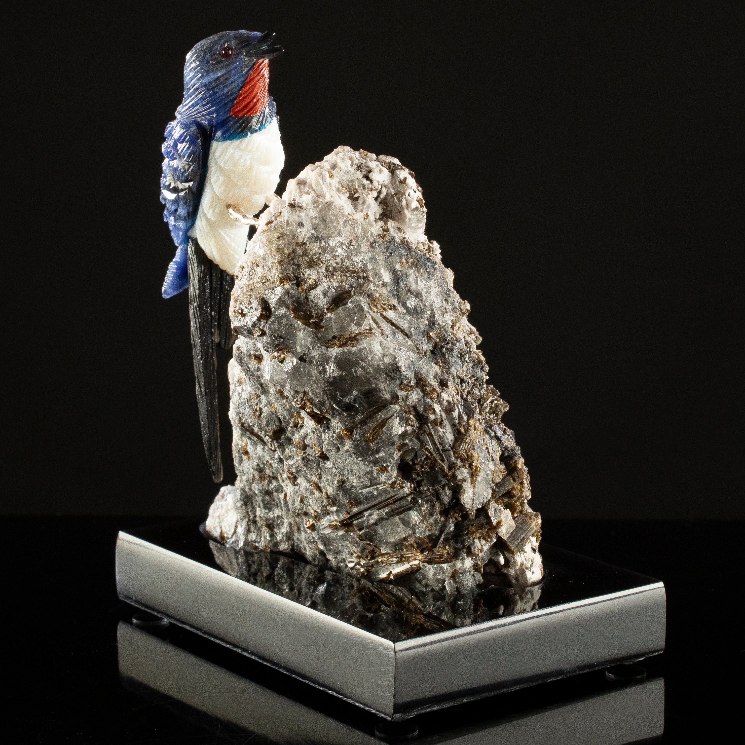 KALIFANO Love Birds Carvings Peter Muller Sodalite, Quartz, Obsidian Swallow Carving on Tourmaline Base LB.A148.003