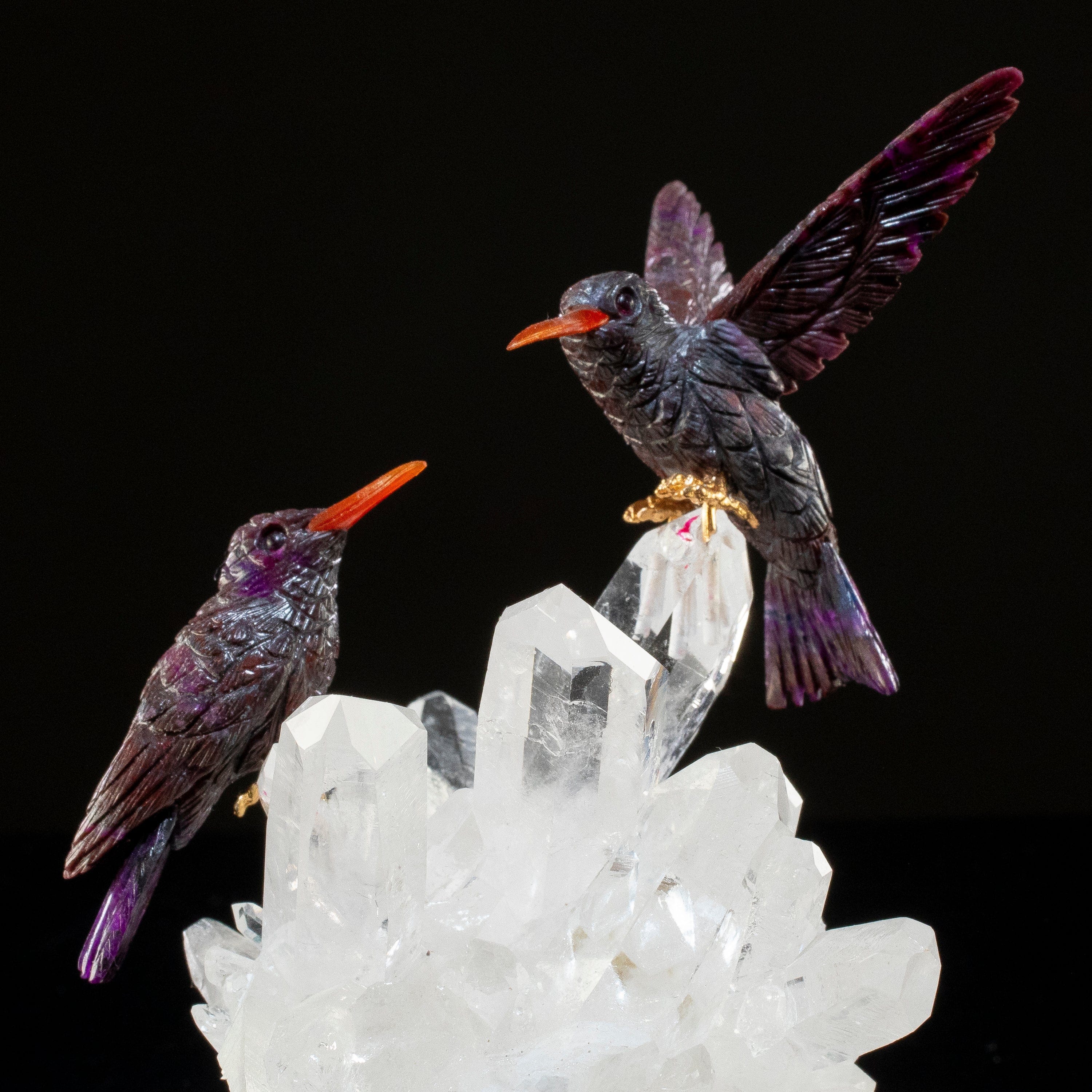 KALIFANO Love Birds Carvings Peter Muller Sugilite Hummingbird Couple Carving on Quartz Cluster Base LB.15000.001