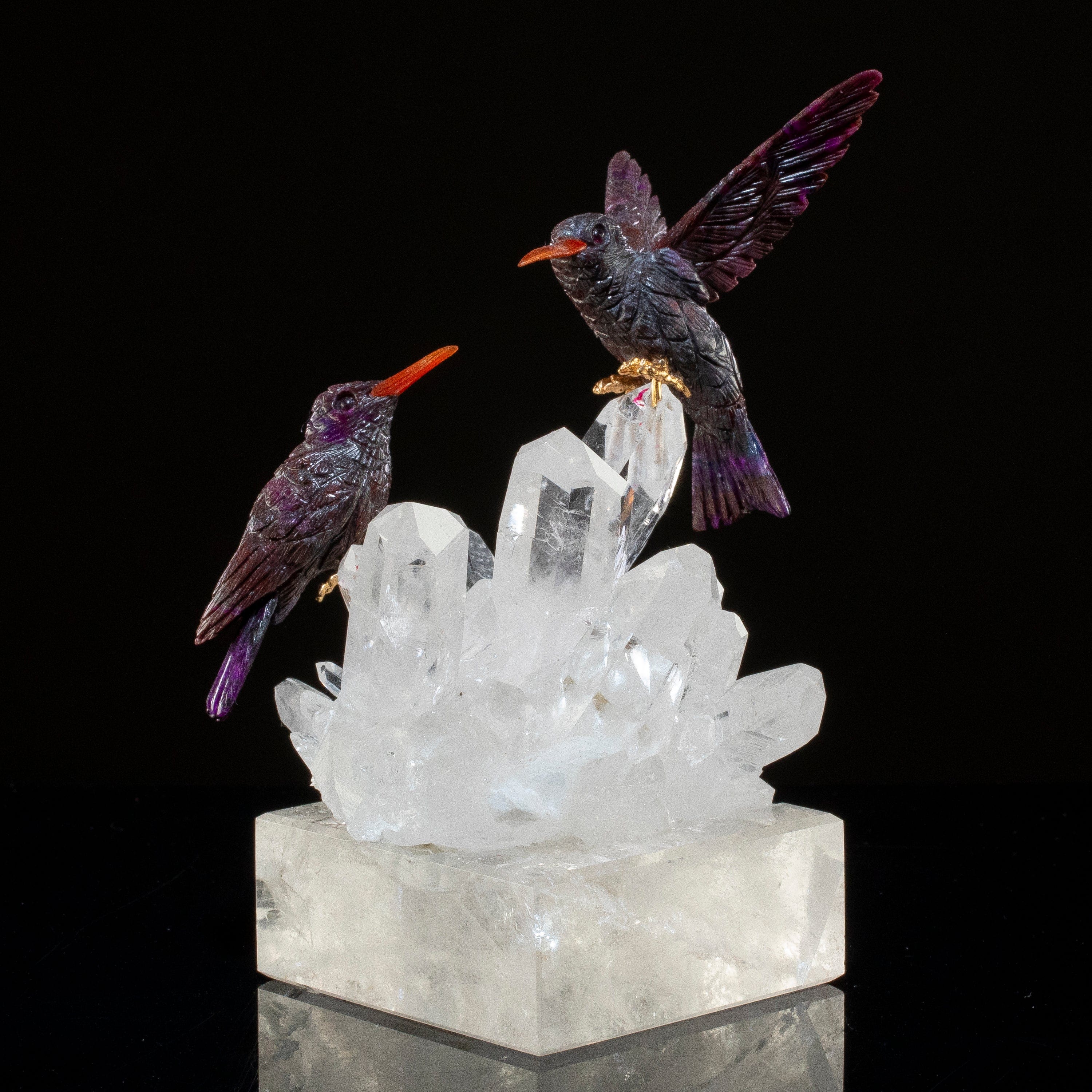 KALIFANO Love Birds Carvings Peter Muller Sugilite Hummingbird Couple Carving on Quartz Cluster Base LB.15000.001