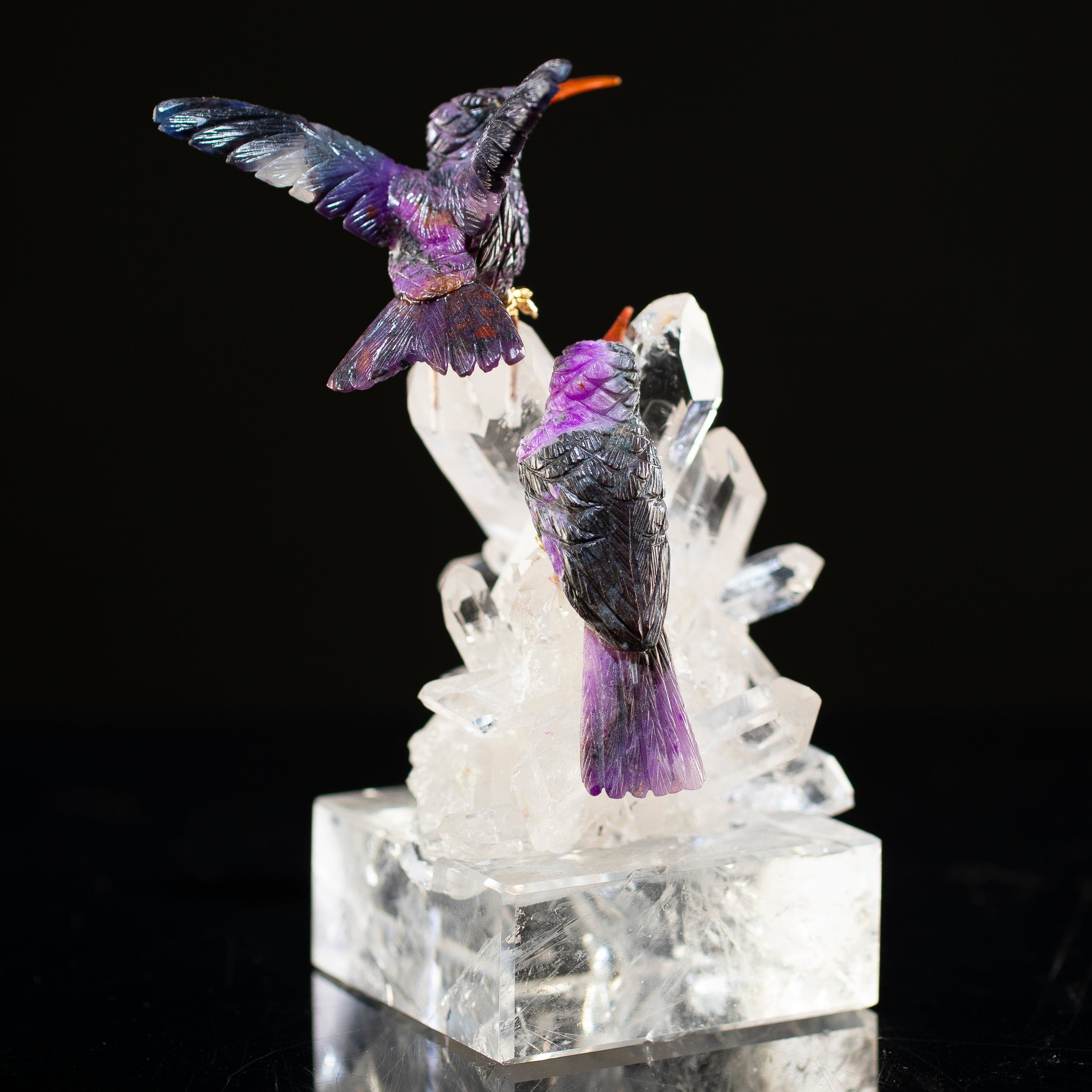 KALIFANO Love Birds Carvings Peter Muller Sugilite Hummingbird Couple Carving on Quartz Cluster Base LB.24000.001