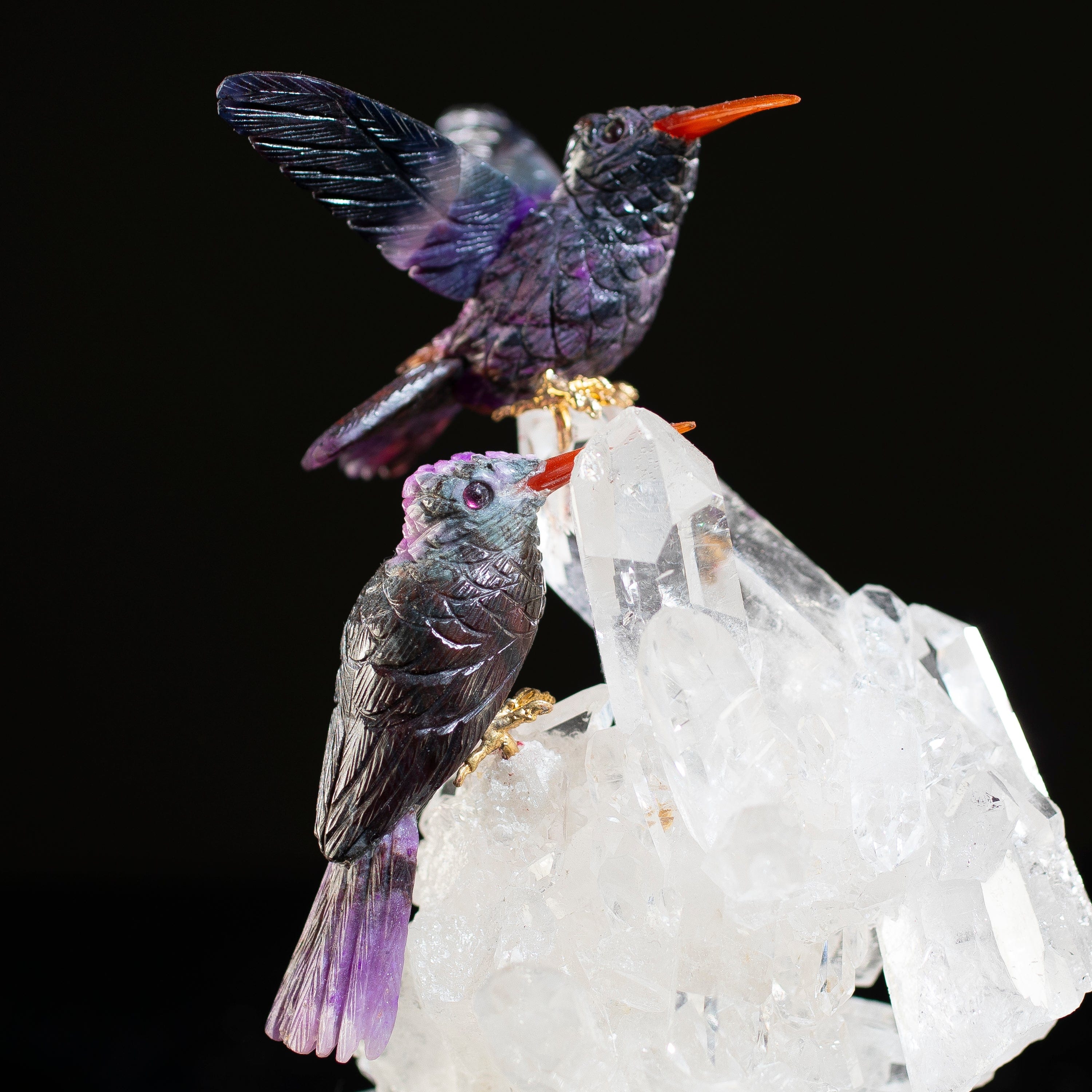 KALIFANO Love Birds Carvings Peter Muller Sugilite Hummingbird Couple Carving on Quartz Cluster Base LB.24000.001