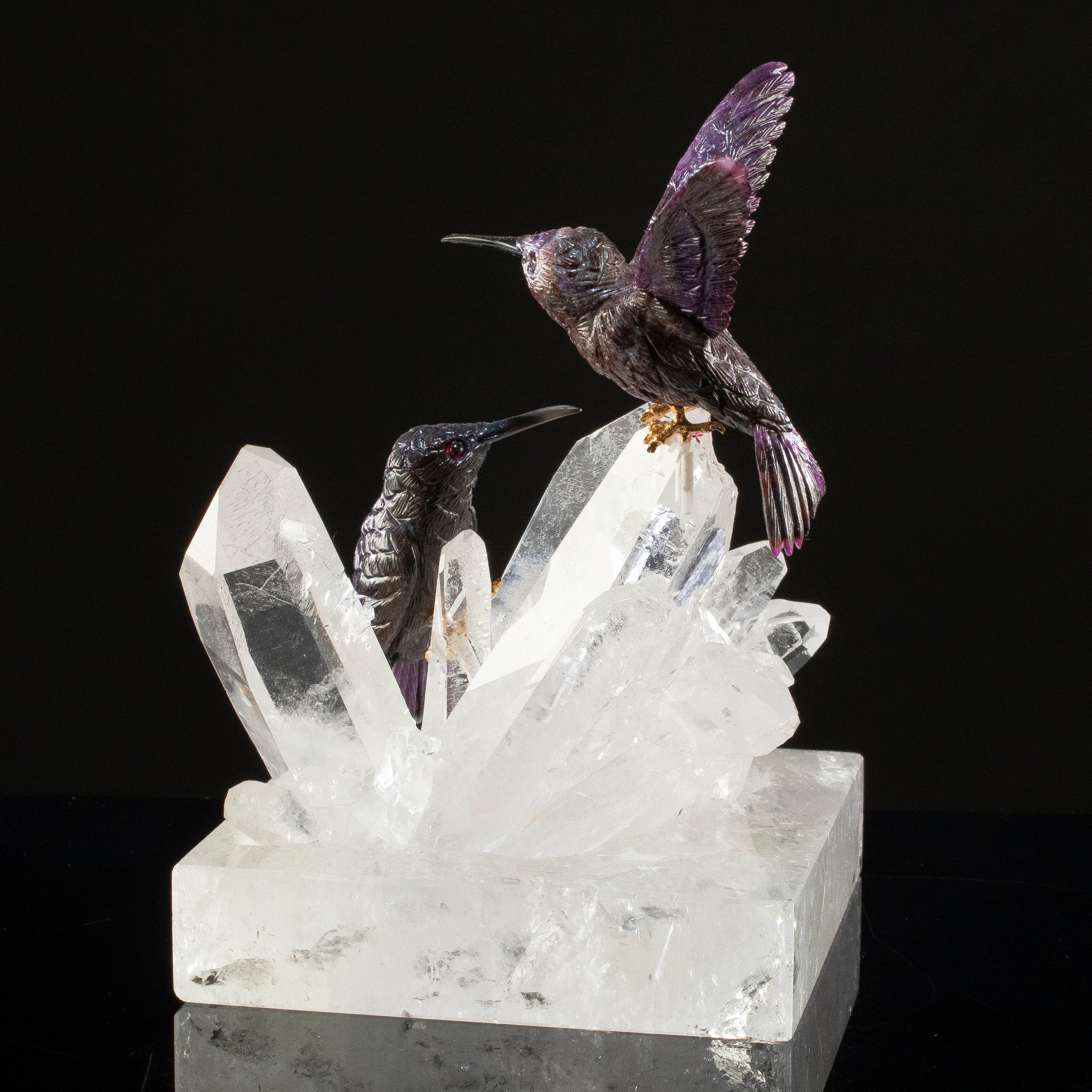 KALIFANO Love Birds Carvings Peter Muller Sugilite Hummingbird Couple Carving on Quartz Cluster Base LB.30000.001