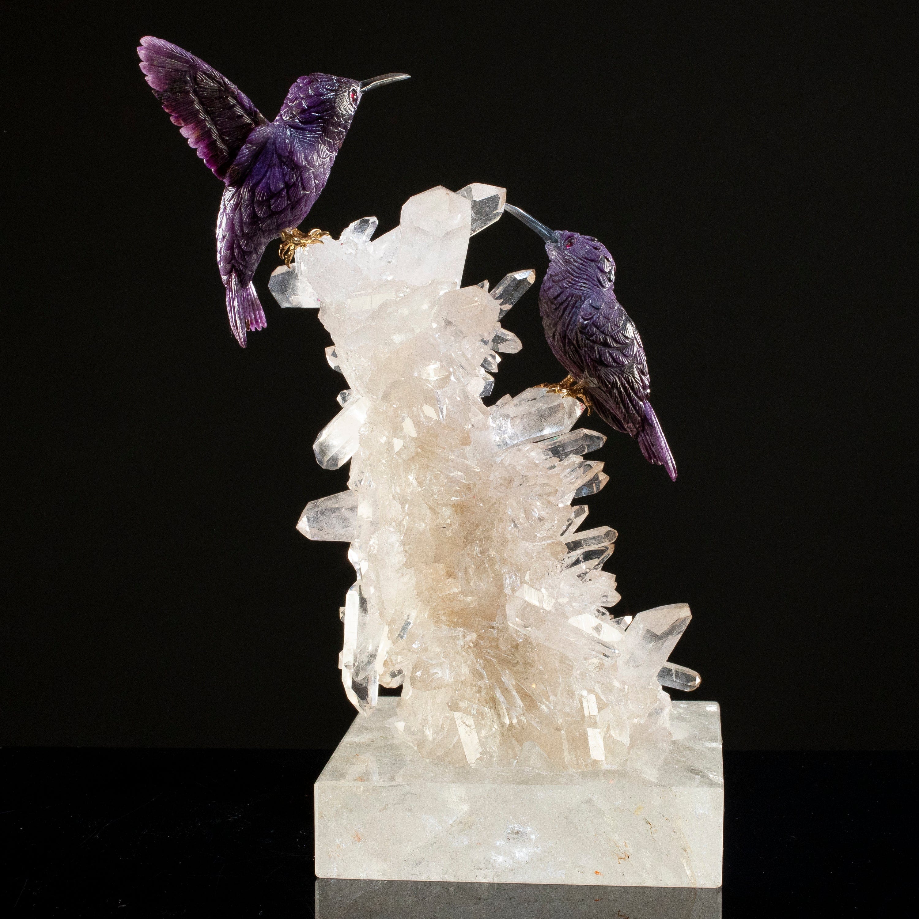 KALIFANO Love Birds Carvings Peter Muller Sugilite Hummingbird Couple Carving on Quartz Cluster Base LB.58000.001