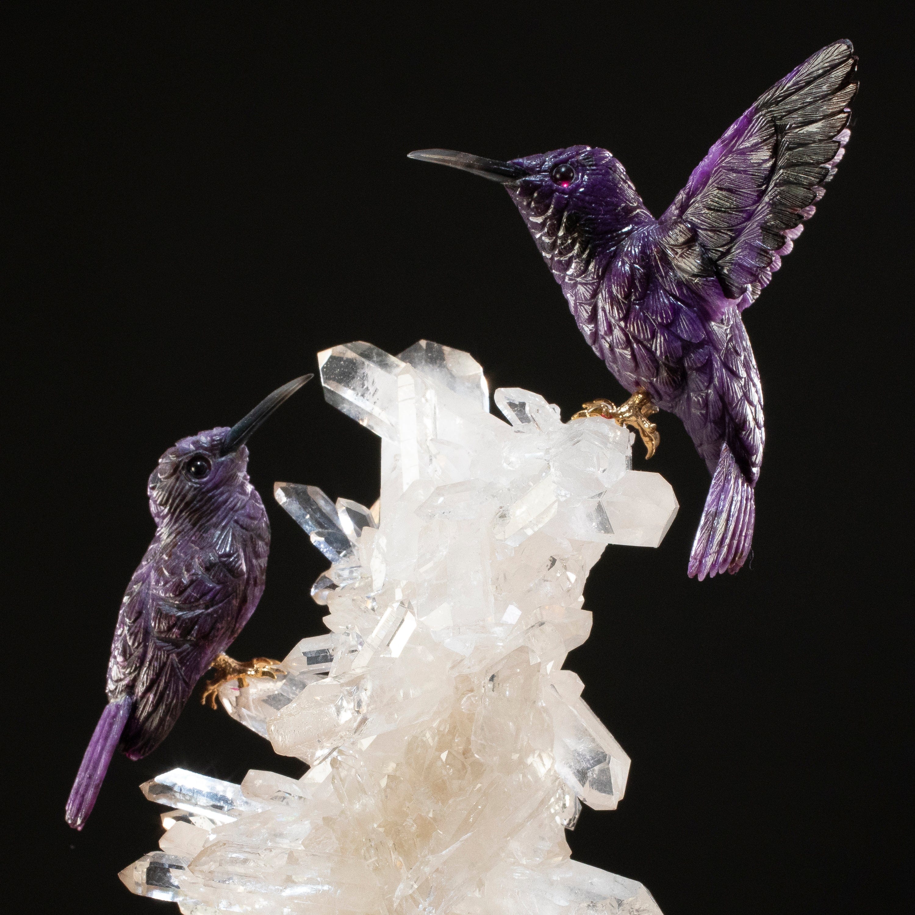 KALIFANO Love Birds Carvings Peter Muller Sugilite Hummingbird Couple Carving on Quartz Cluster Base LB.58000.001