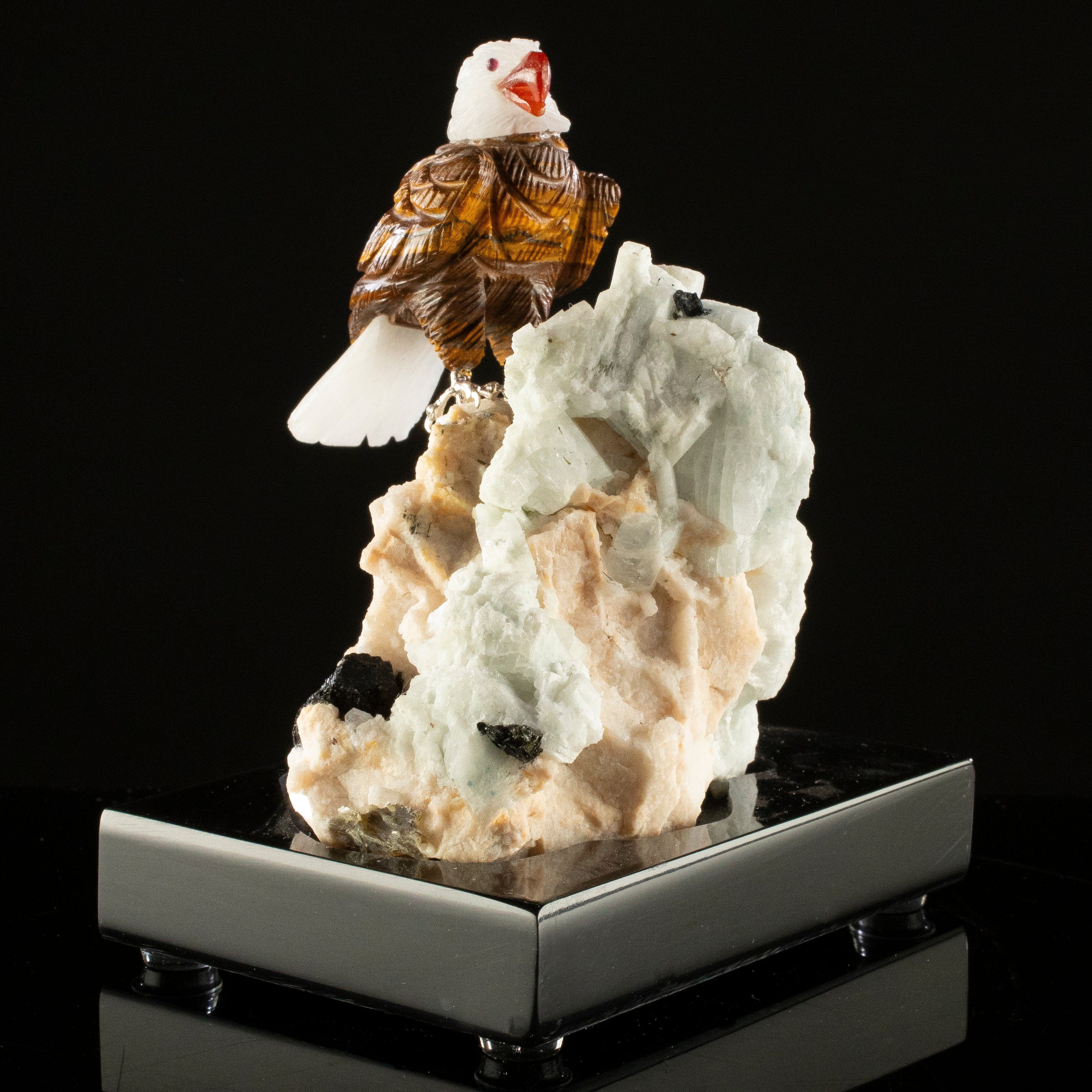 KALIFANO Love Birds Carvings Peter Muller Tiger Eye & Quartz Eagle Carving on Tourmaline Base LB.C132.006