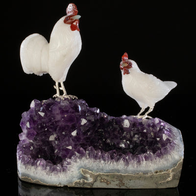 Kalifano Love Birds Carvings Quartz Rooster Love Bird Carving on Amethsyt Base LB.A219.005