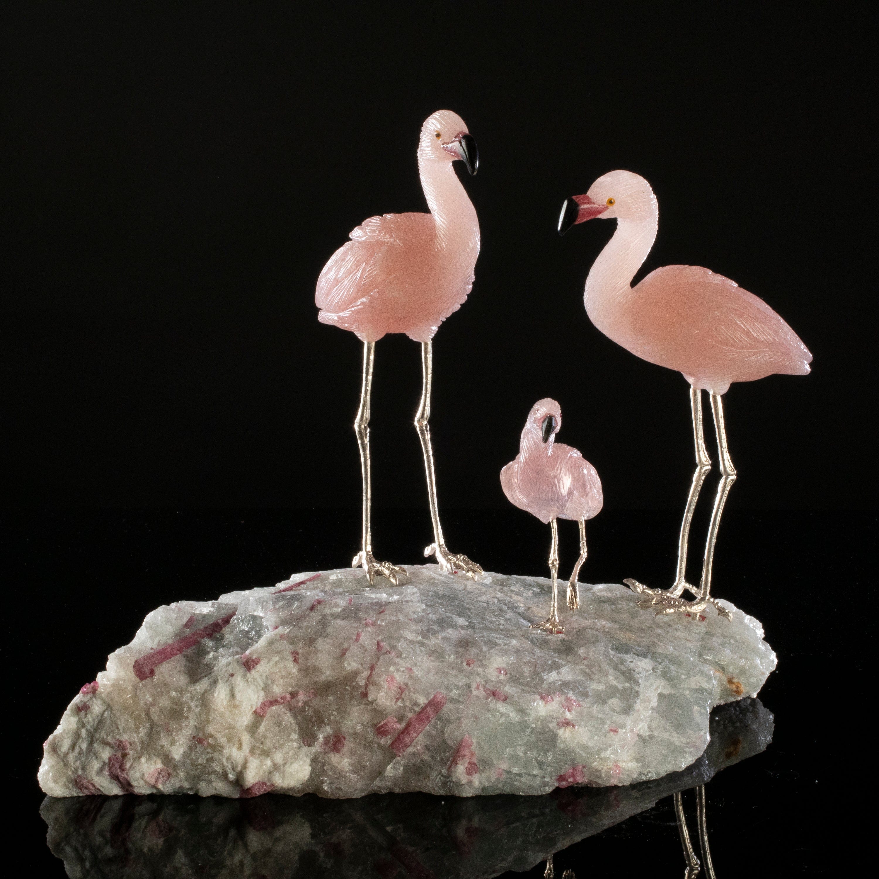 Kalifano Love Birds Carvings Rose Quartz Flamingo Love Birds Carving on Aquamarine & Pink Tourmaline LB.B239.001