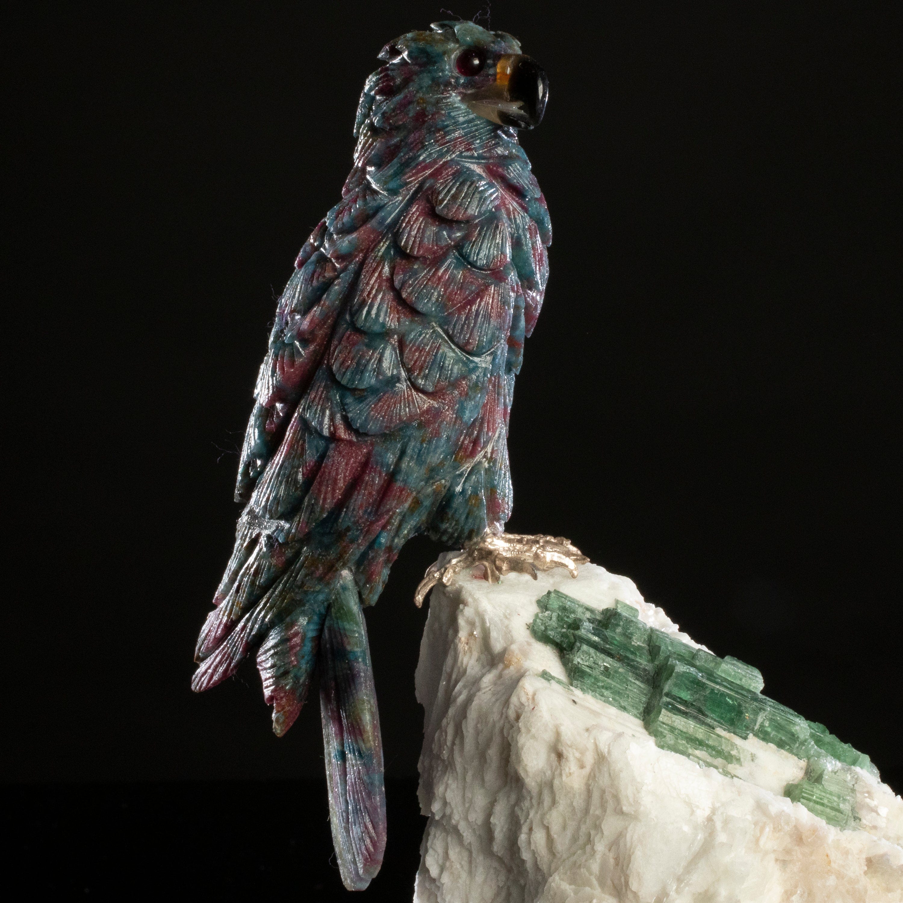 Kalifano Love Birds Carvings Rubizoisite Falcon Love Bird Carving on Calcite & Green Tourmaline Base LB.A163.004