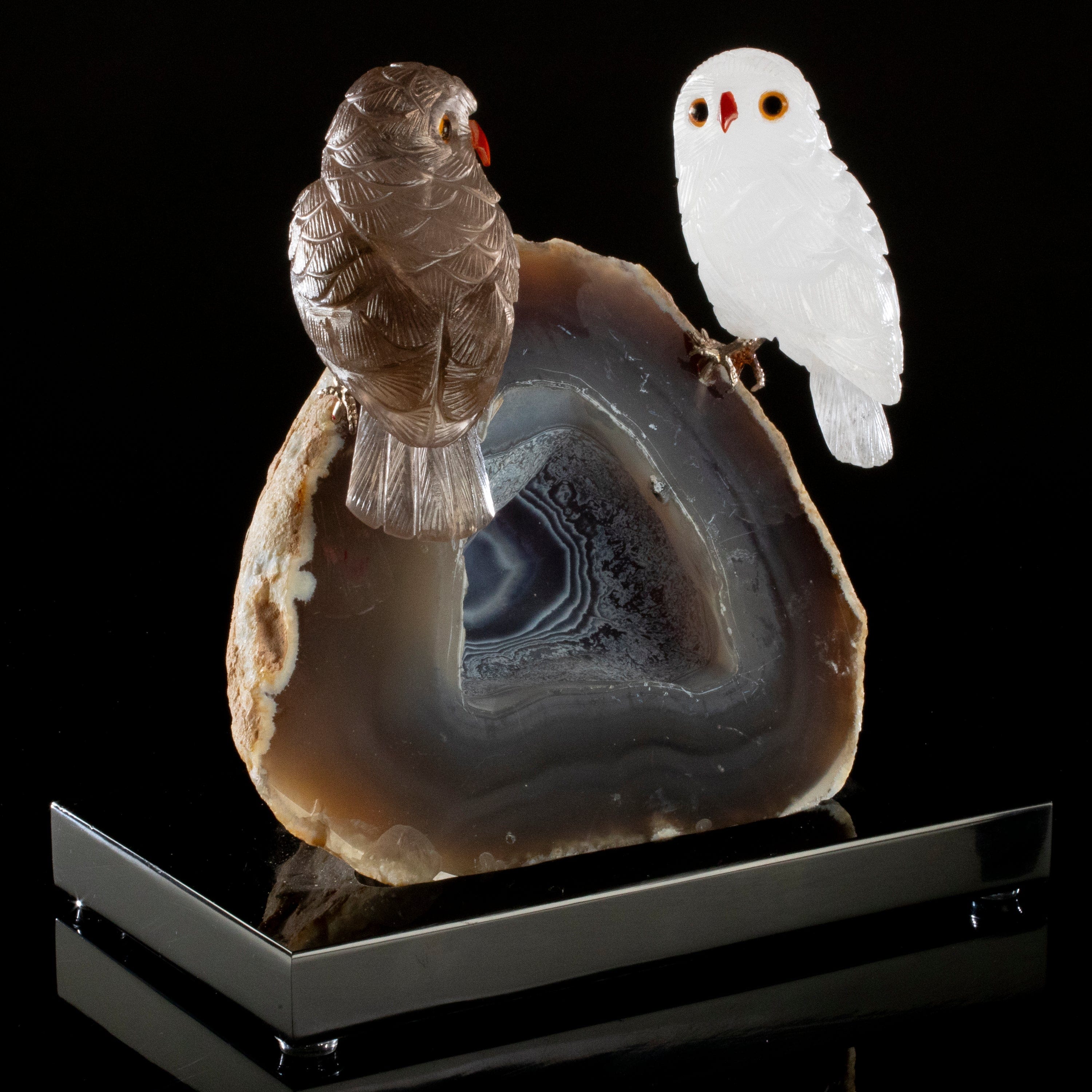 Kalifano Love Birds Carvings Smoky Quartz & Quartz Owl Love Bird Carving on Agate Base LB.A229.009