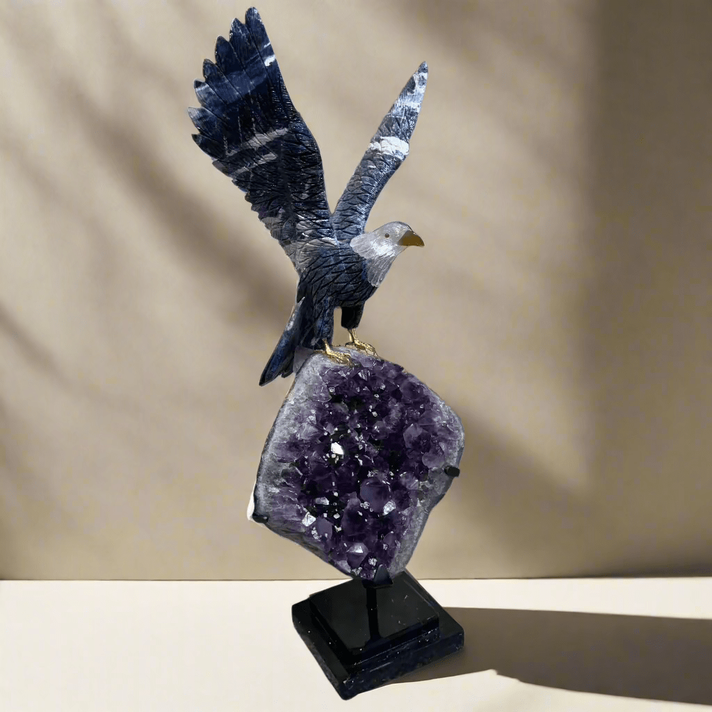 KALIFANO Love Birds Carvings Sodalite and Quartz Eagle Carving on Brazilian Amethyst Geode Base - 30" LB44000.001