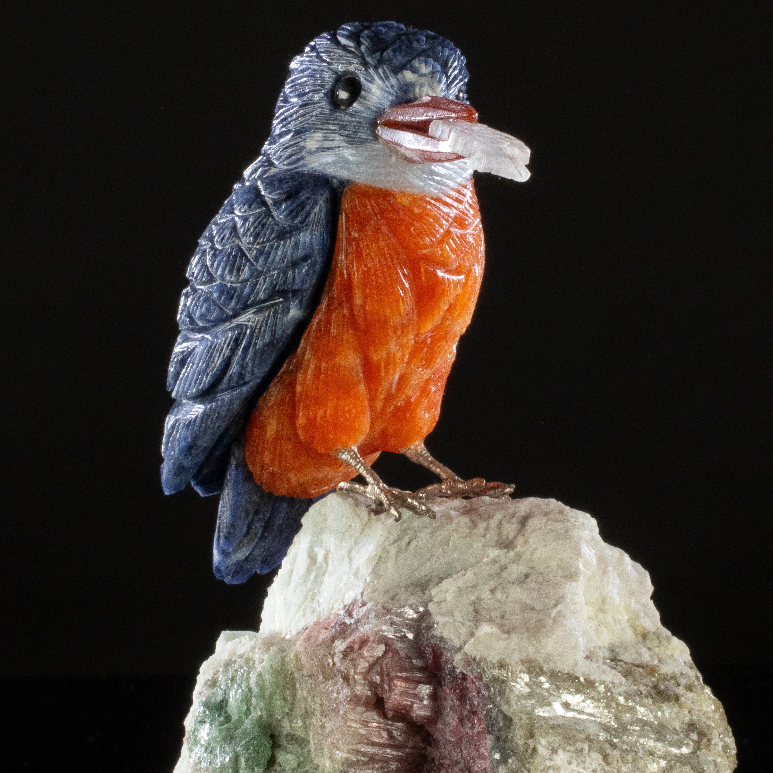 Kalifano Love Birds Carvings Sodalite Belted Kingfisher Love Bird Carving on Watermelon Tourmaline Base LB.A130.005