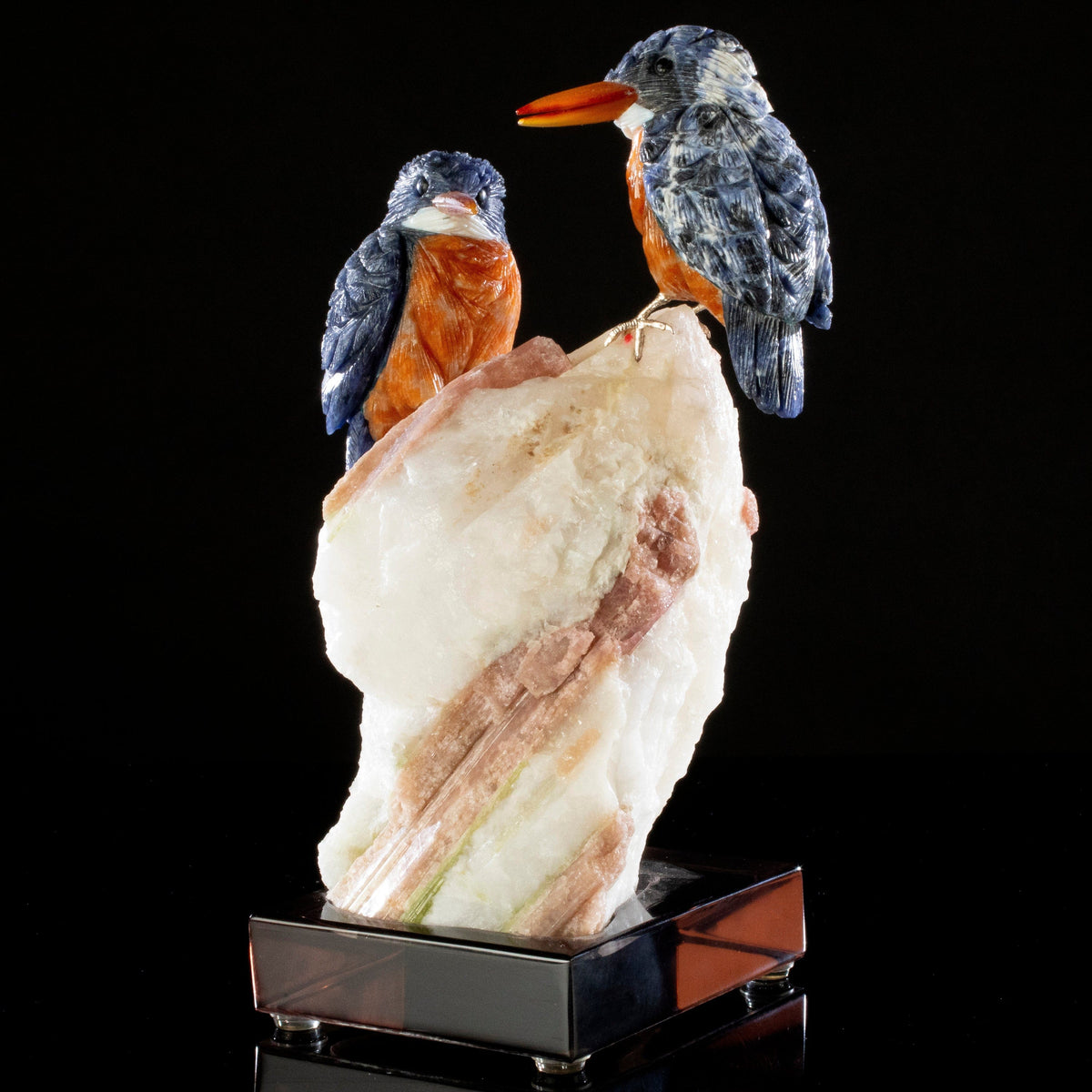 Peter Muller | Sodalite Belted Kingfisher Birds Carving on Tourmaline Base