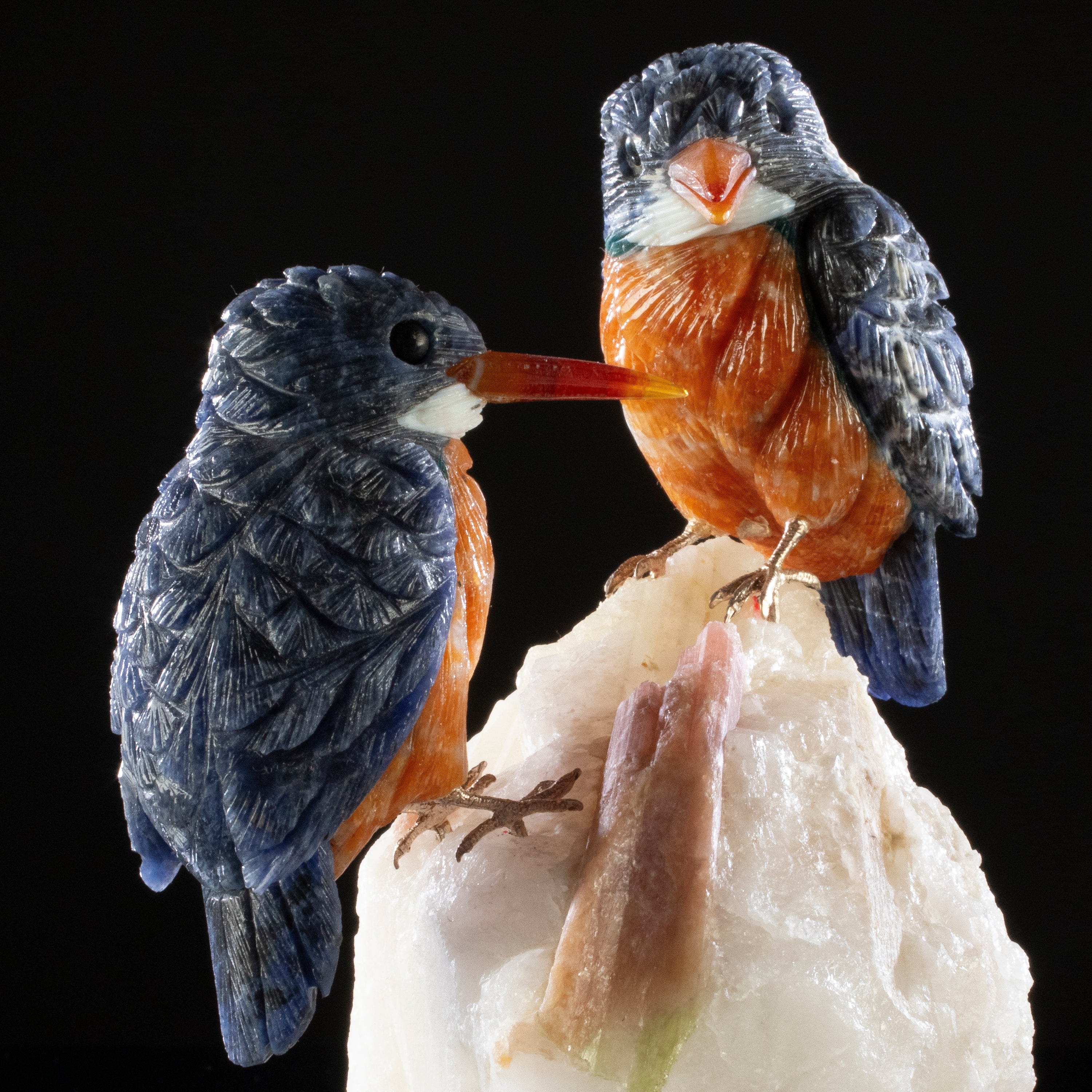 Kalifano Love Birds Carvings Sodalite Belted Kingfisher Love Birds Carving on Tourmaline Base LB.A230.002
