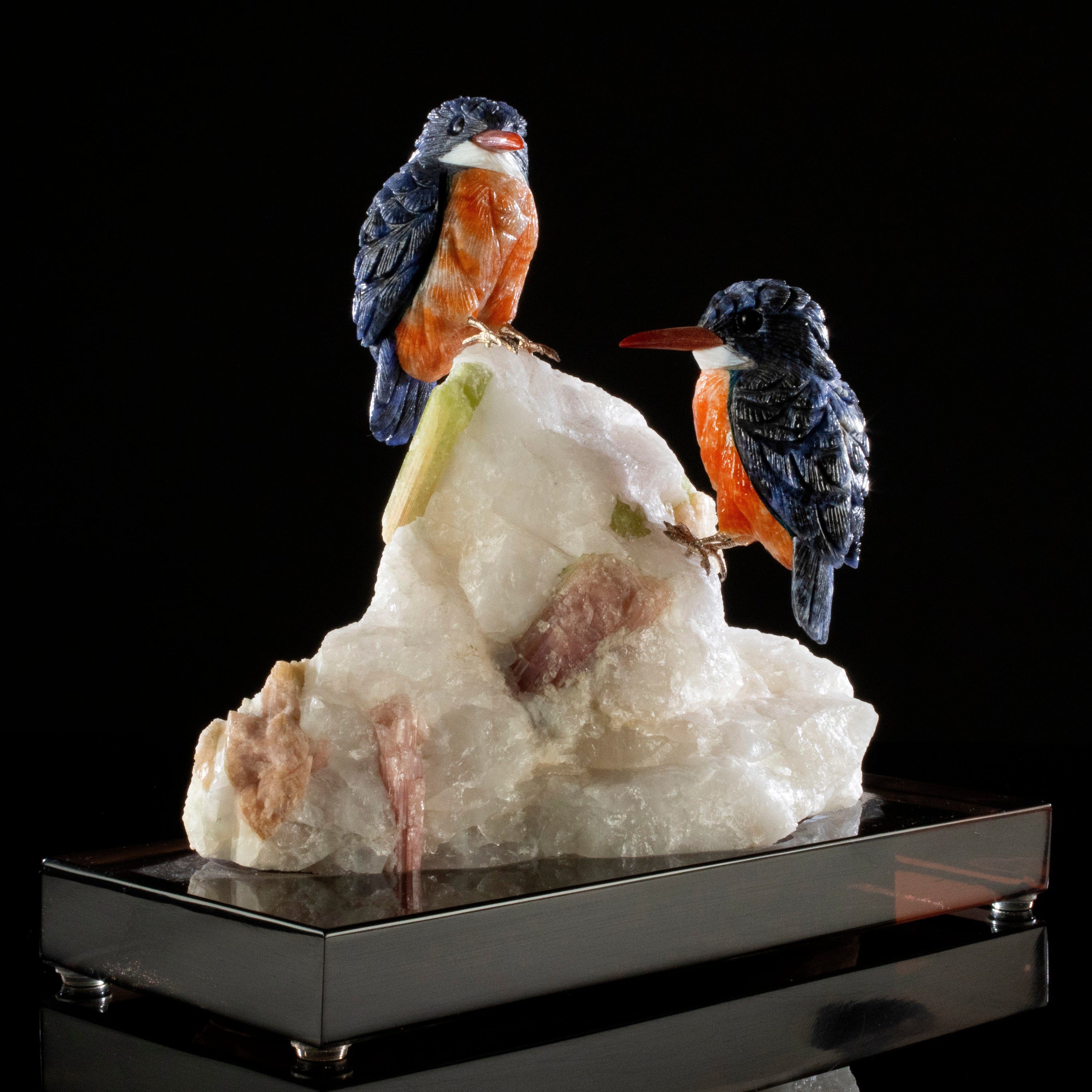 Kalifano Love Birds Carvings Sodalite Belted Kingfisher Love Birds Carving on Watermelon Tourmaline Base LB.A230.001