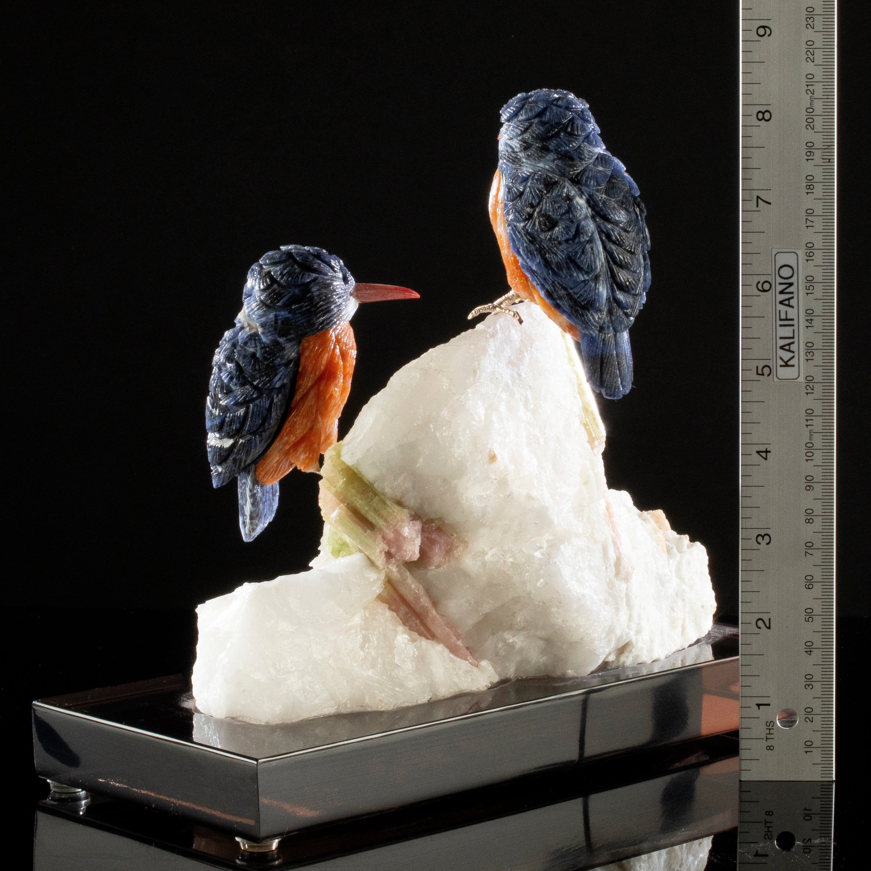Kalifano Love Birds Carvings Sodalite Belted Kingfisher Love Birds Carving on Watermelon Tourmaline Base LB.A230.001