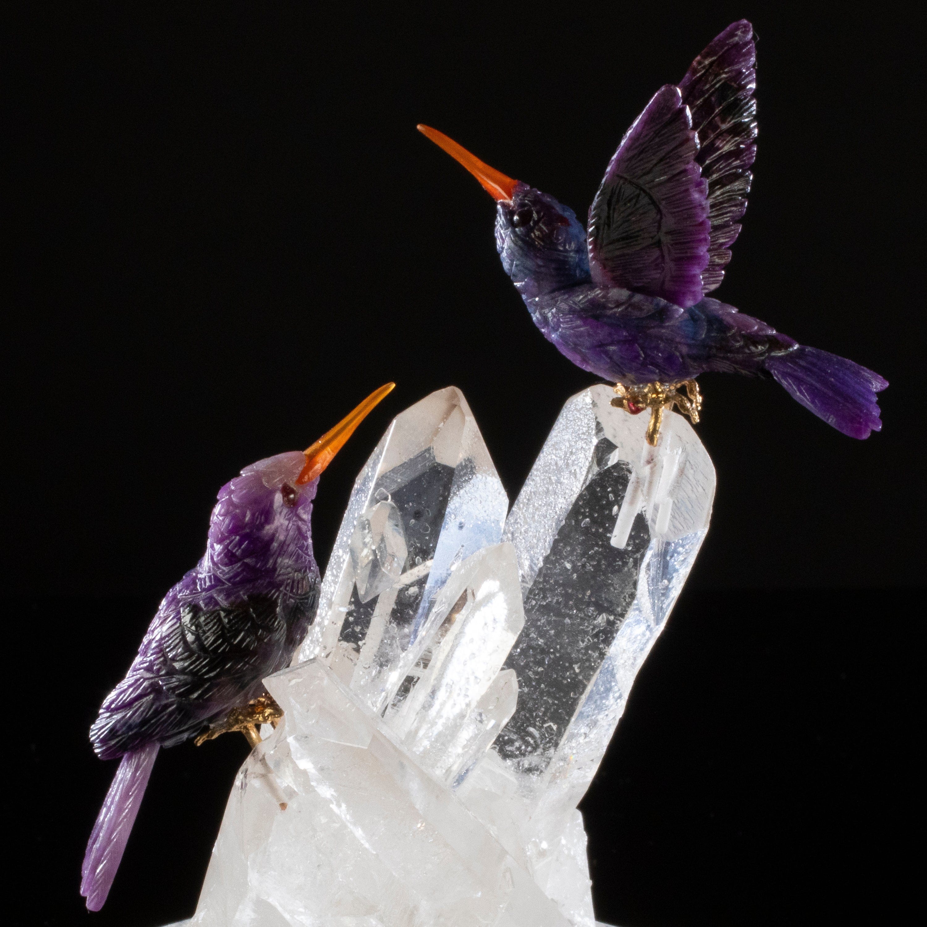 Kalifano Love Birds Carvings Sugilite Hummingbird Couple Love Birds Carving on Clear Quartz Point Cluster Base LB.12334.001