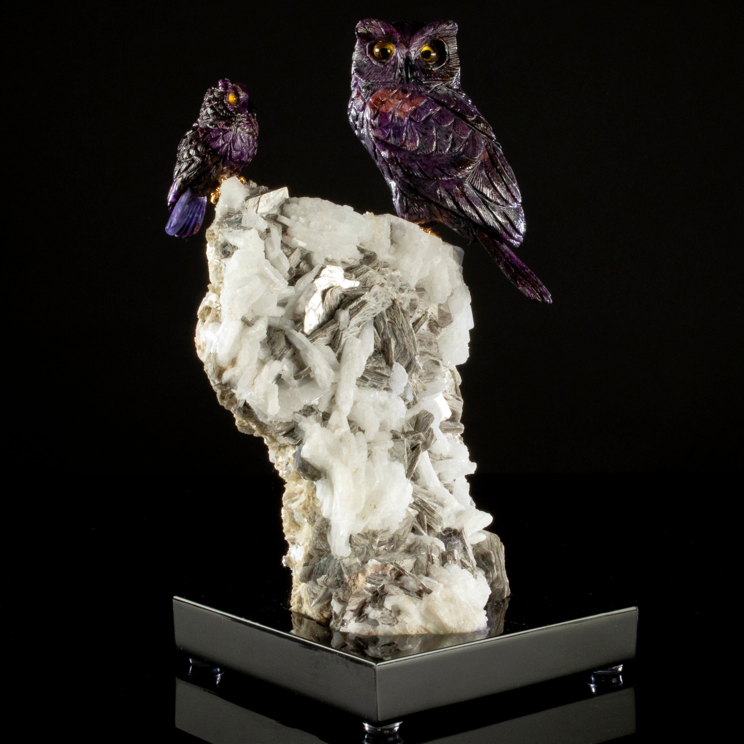 Kalifano Love Birds Carvings Sugilite Owl Pair Love Birds Carving on Albite & Mica Base LB.11271.001