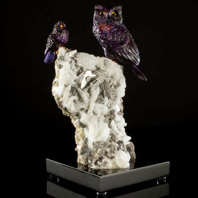 Kalifano Love Birds Carvings Sugilite Owl Pair Love Birds Carving on Albite & Mica Base LB.11271.001