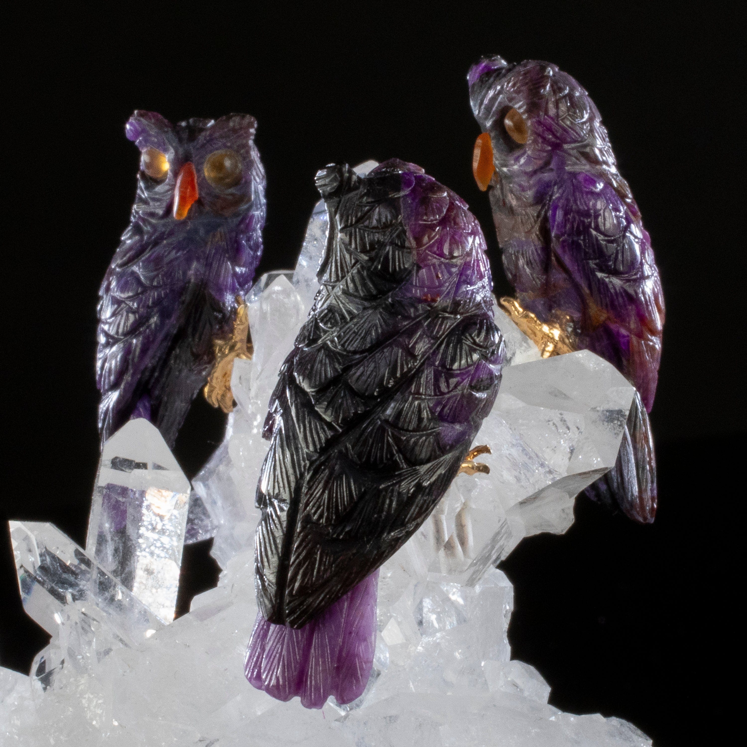 Kalifano Love Birds Carvings Sugilite Owl Trio Love Birds Carving on Clear Quartz Point Cluster Base LB.12342.001