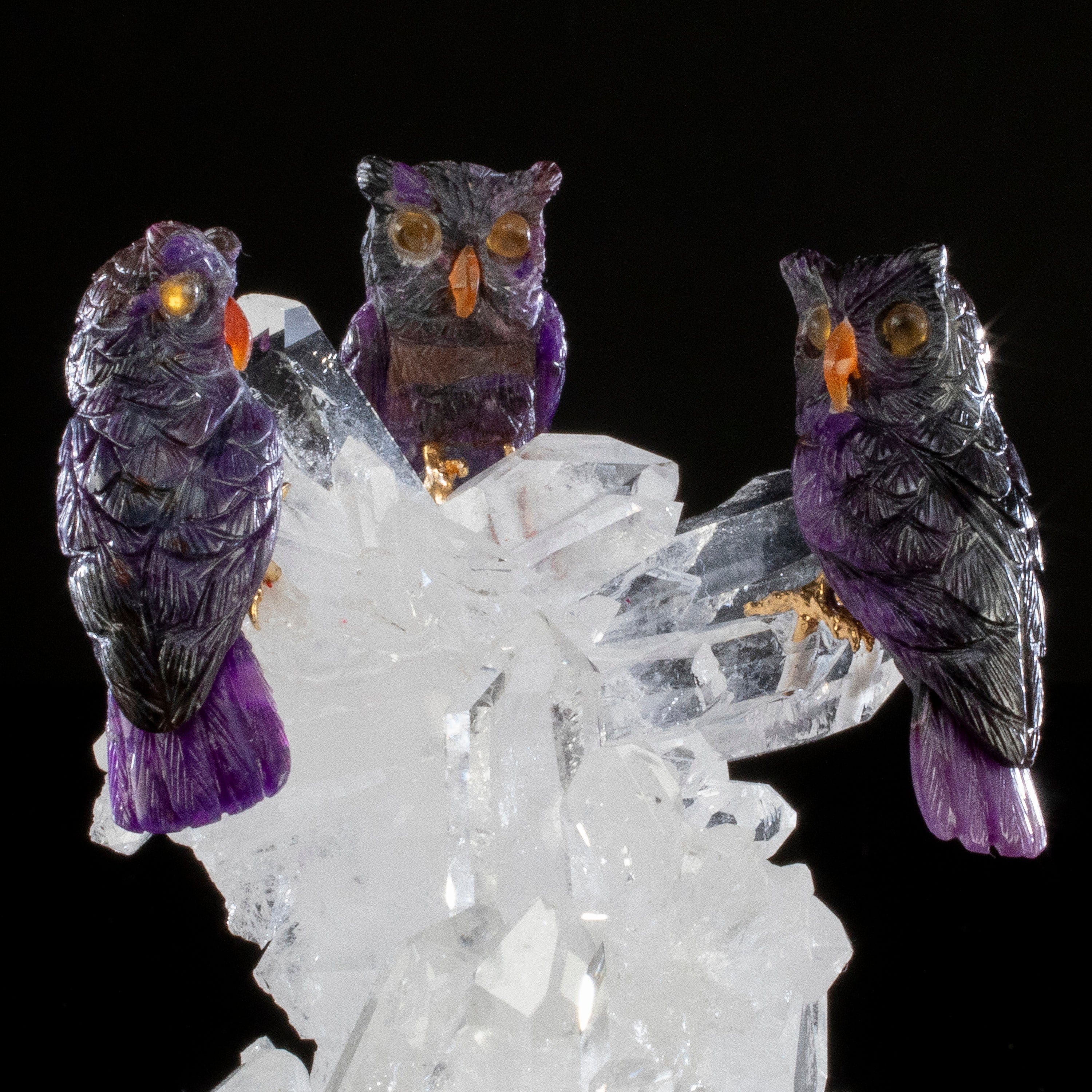 Kalifano Love Birds Carvings Sugilite Owl Trio Love Birds Carving on Clear Quartz Point Cluster Base LB.12342.001