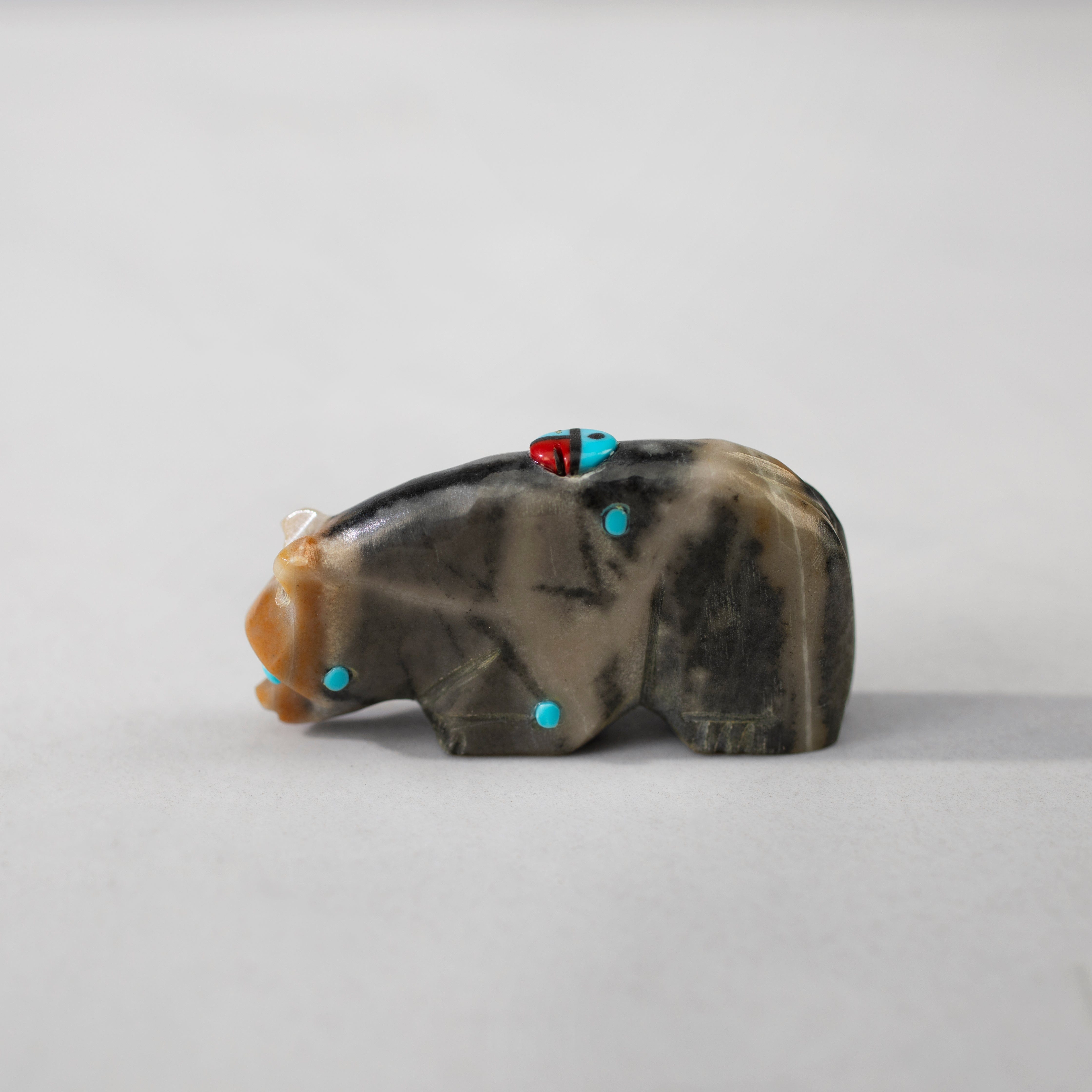 Kalifano Native American Fetish Carvings Danette Laate Picaso Marble, Turquoise, and Coral  Handmade Zuni Fetish Bear Carving NAC180.006