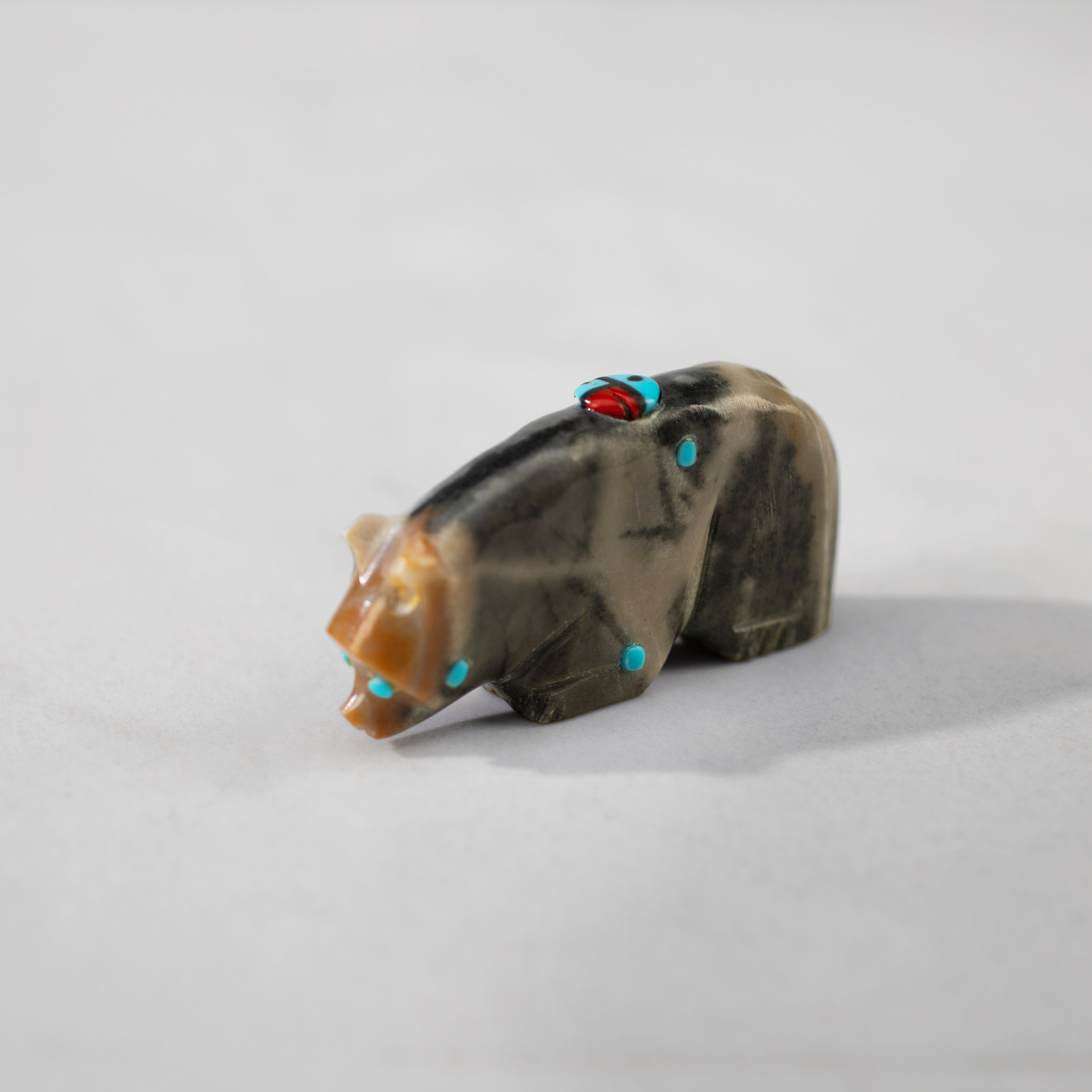Kalifano Native American Fetish Carvings Danette Laate Picaso Marble, Turquoise, and Coral  Handmade Zuni Fetish Bear Carving NAC180.006