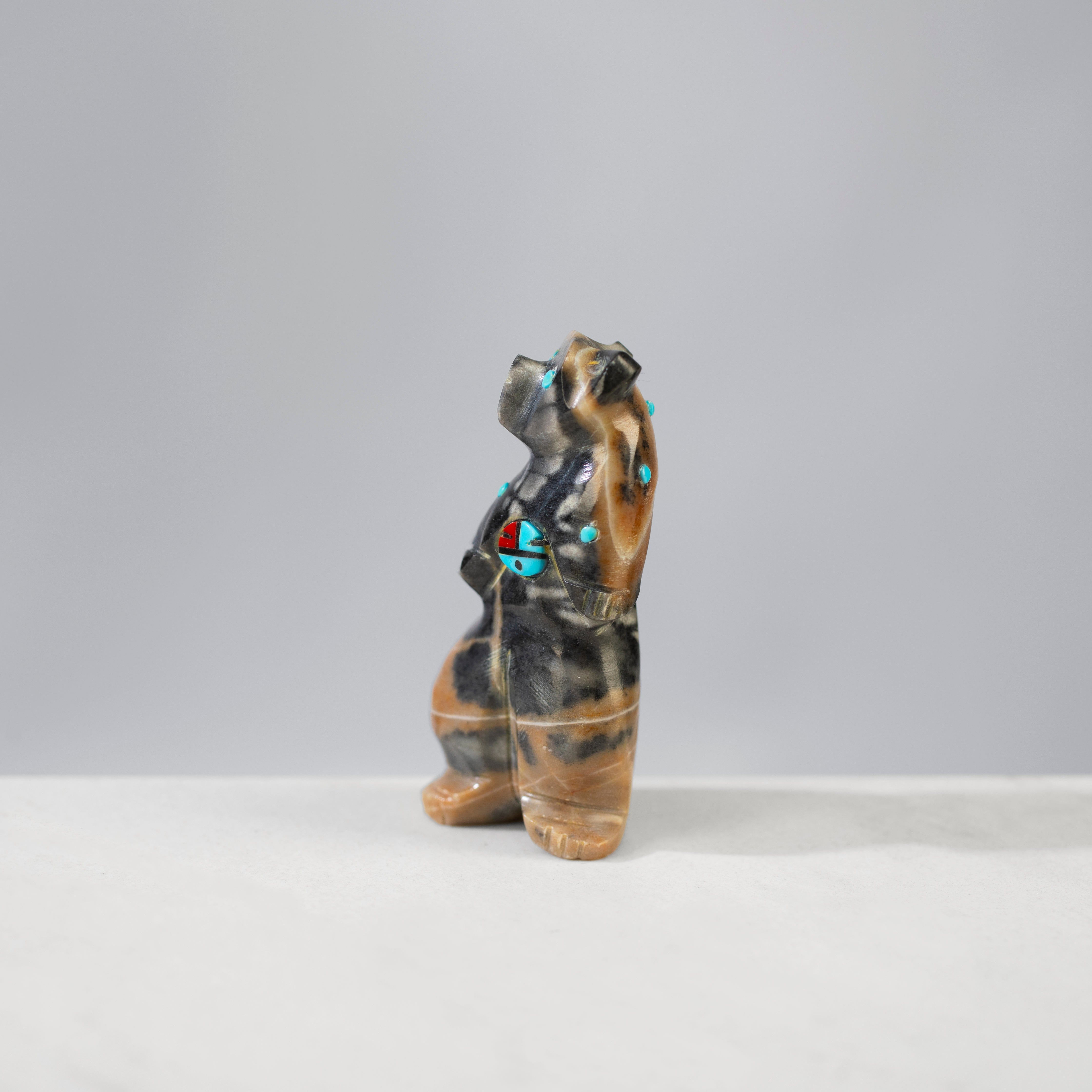 Kalifano Native American Fetish Carvings Danette Laate Picaso Marble, Turquoise, and Coral  Handmade Zuni Fetish Bear Carving NAC240.039