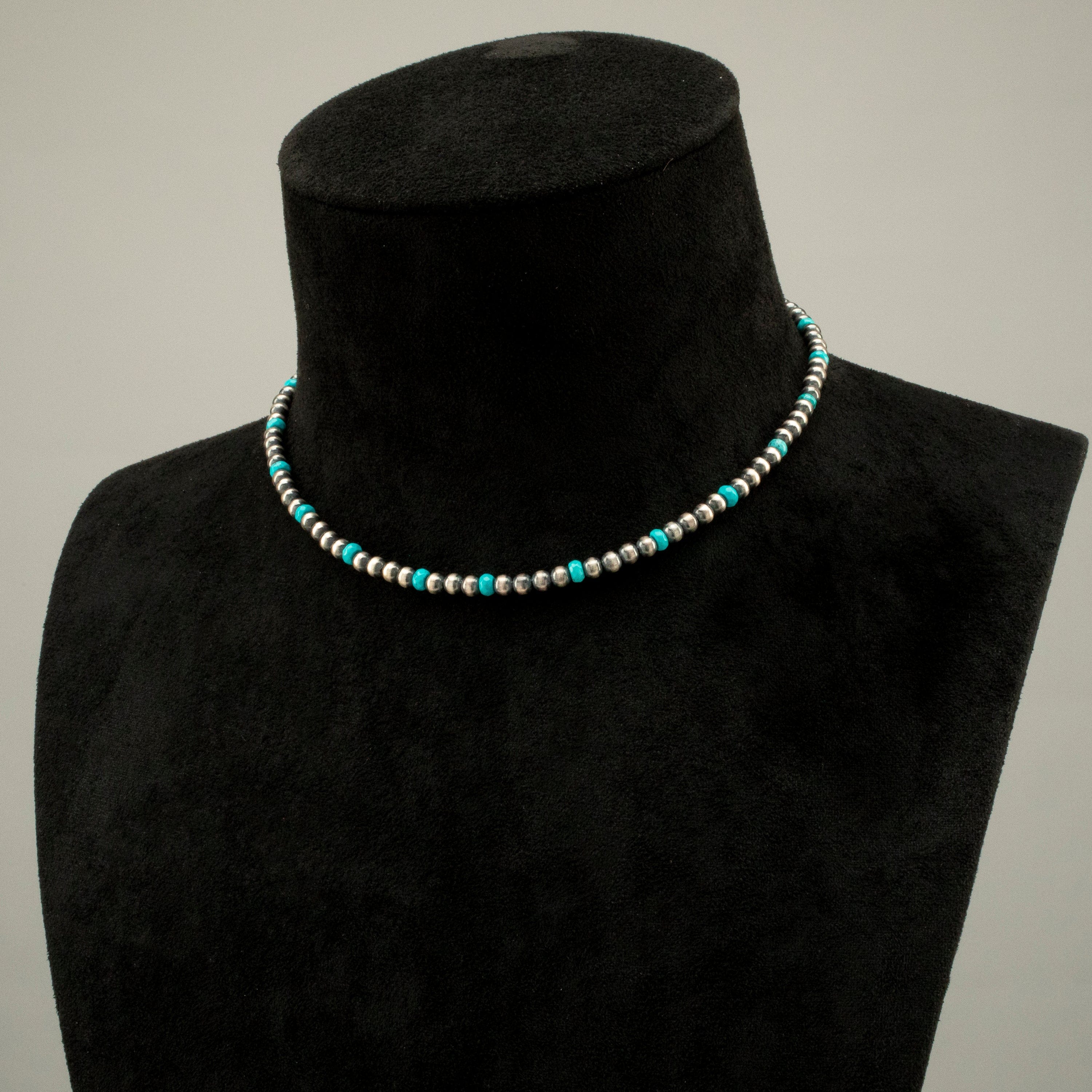 Kalifano Native American Jewelry 16" Single Strand 4mm Navajo Pearl & Turquoise USA Native American Made 925 Sterling Silver Necklace NAN450.012