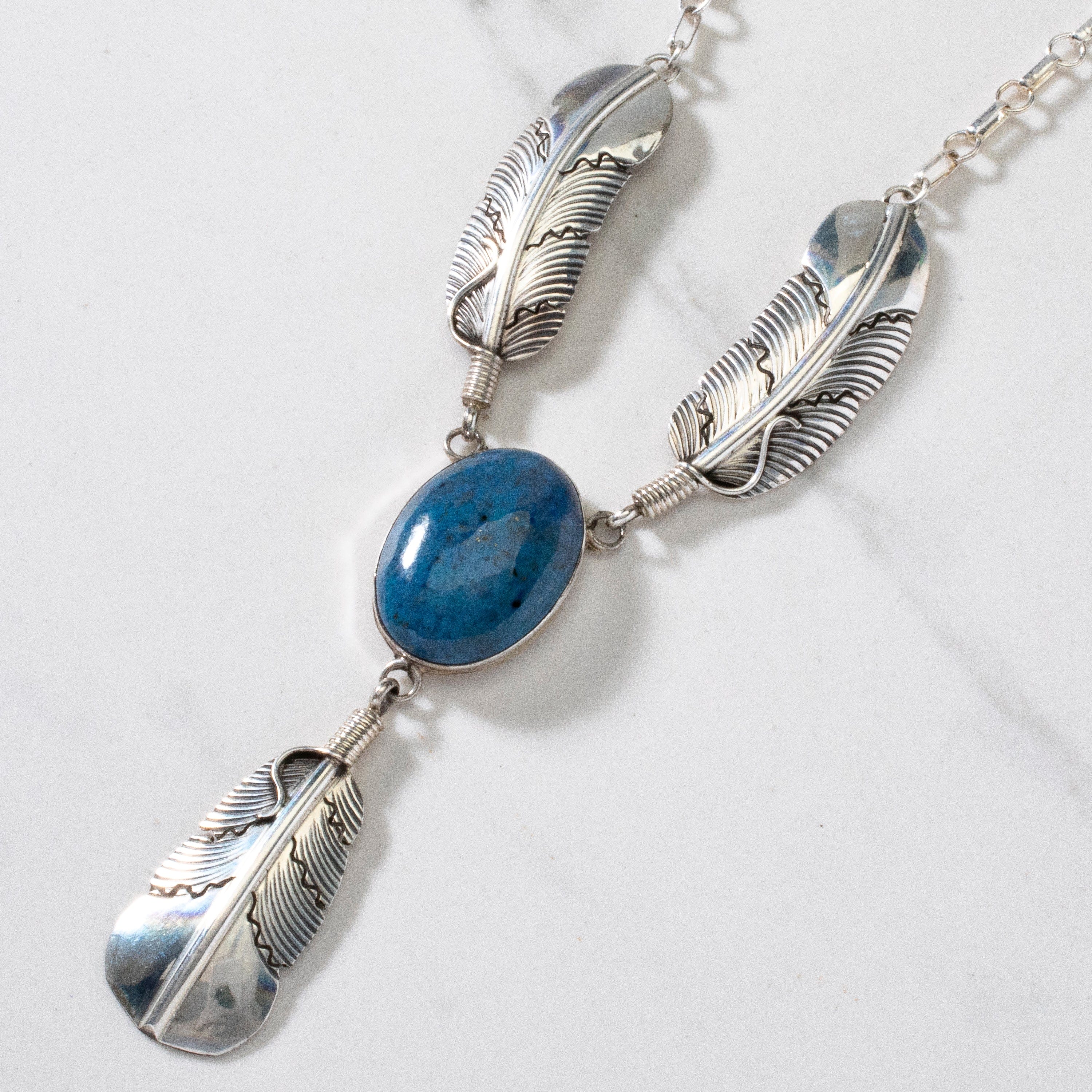 Kalifano Native American Jewelry 17.5" Richard Long Sr. Denim Lapis Feather USA Native American Made 925 Sterling Silver Necklace NAN1200.025
