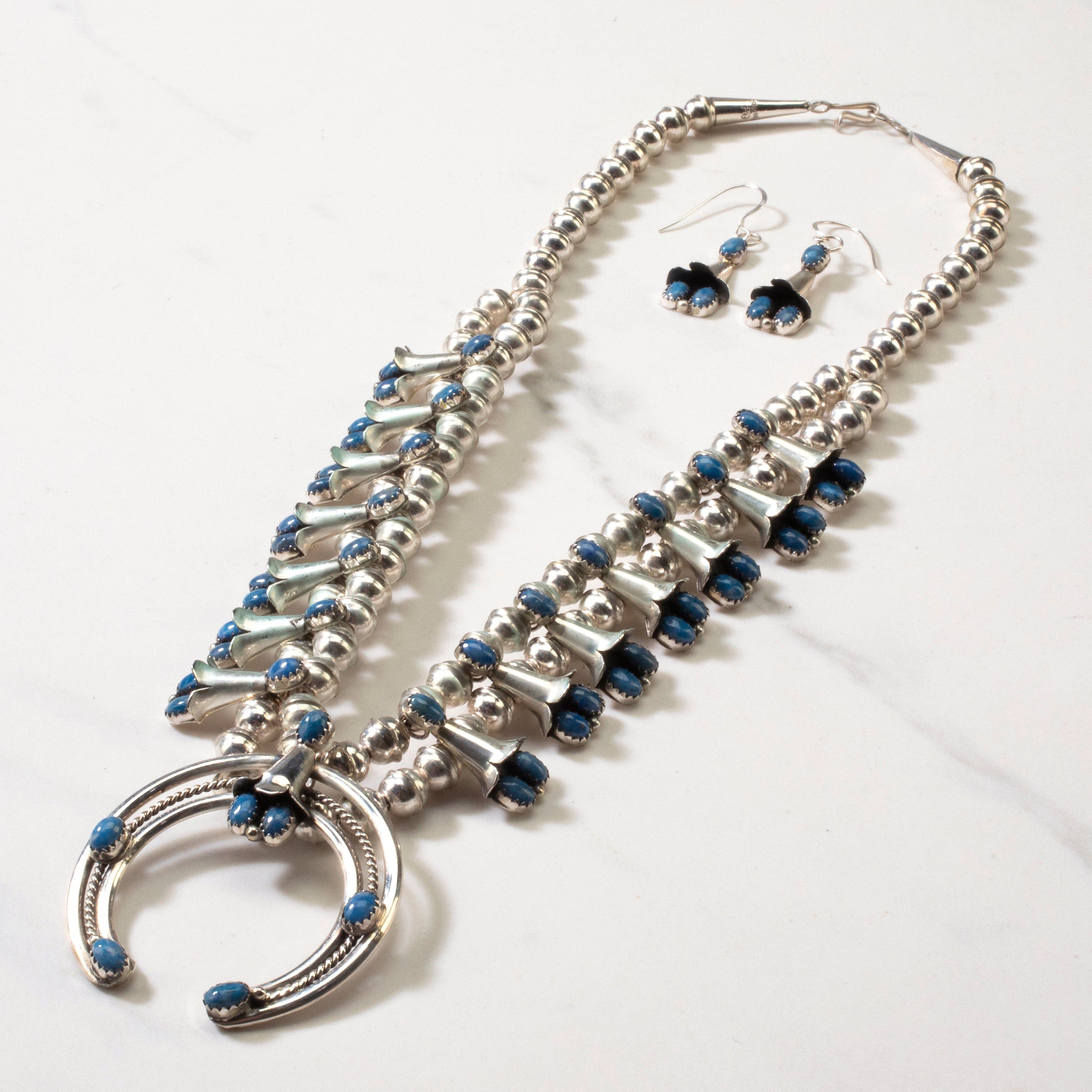 Kalifano Native American Jewelry 17" Phil Garcia Navajo Squash Blossom Denim Lapis USA Native American Made 925 Sterling Silver Necklace & French Hook Earring Set NAN2800.004