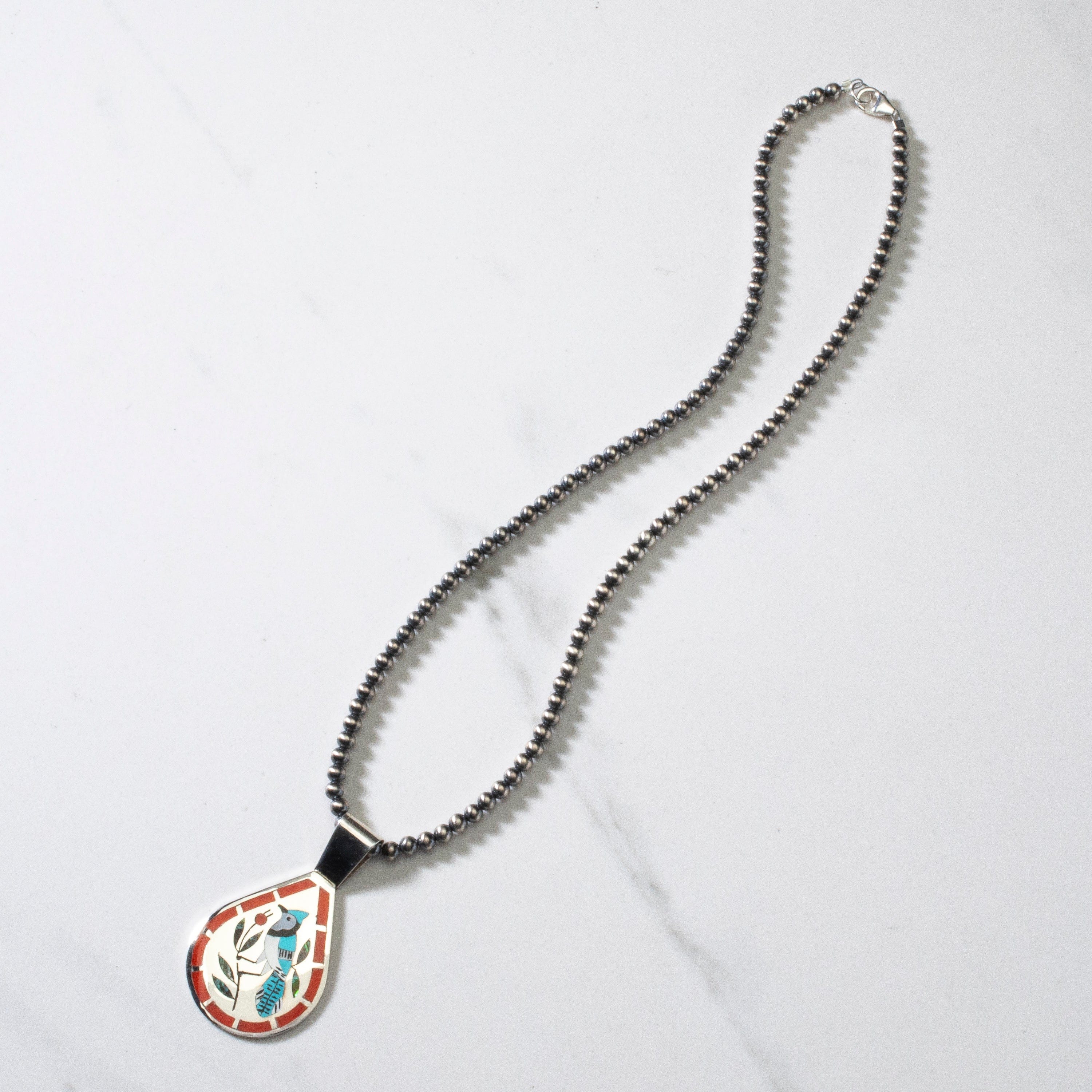 Kalifano Native American Jewelry 18" Dennis & Nancy Edaakie Mutli Gem Blue Jay Zuni Inlay Pendant with 4mm Navajo Pearl Necklace USA Native American Made 925 Sterling Silver NAN1500.014