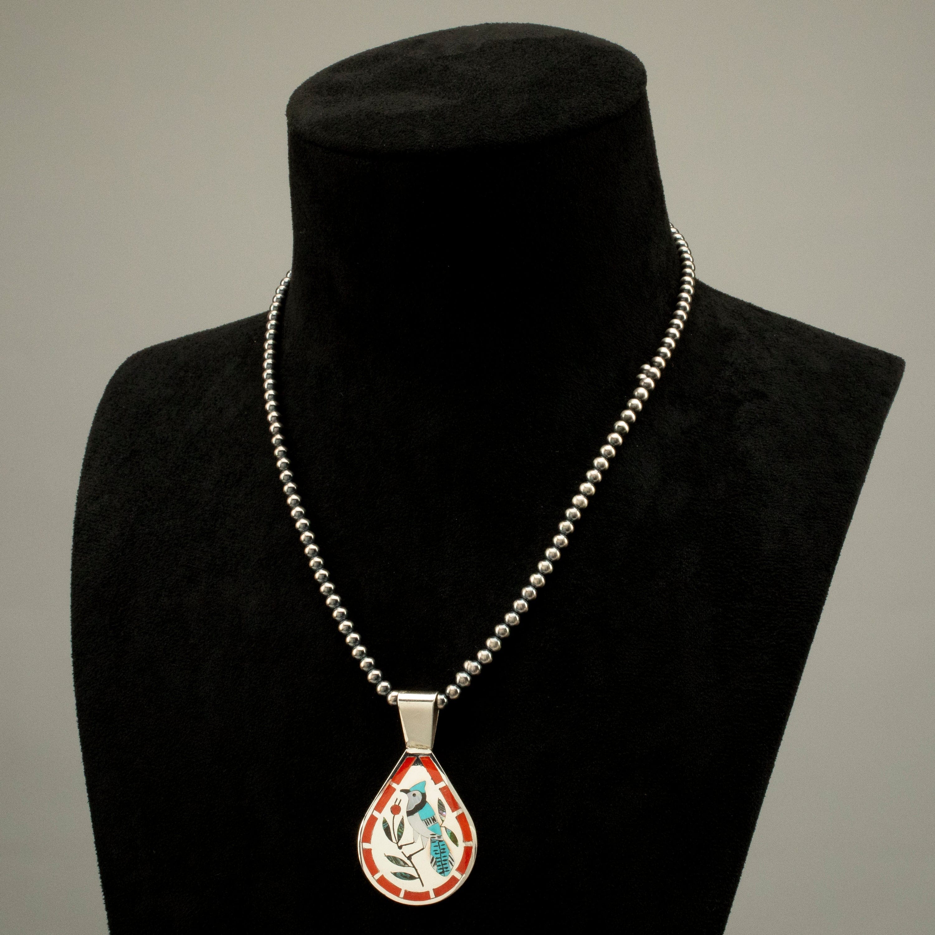 Kalifano Native American Jewelry 18" Dennis & Nancy Edaakie Mutli Gem Blue Jay Zuni Inlay Pendant with 4mm Navajo Pearl Necklace USA Native American Made 925 Sterling Silver NAN1500.014