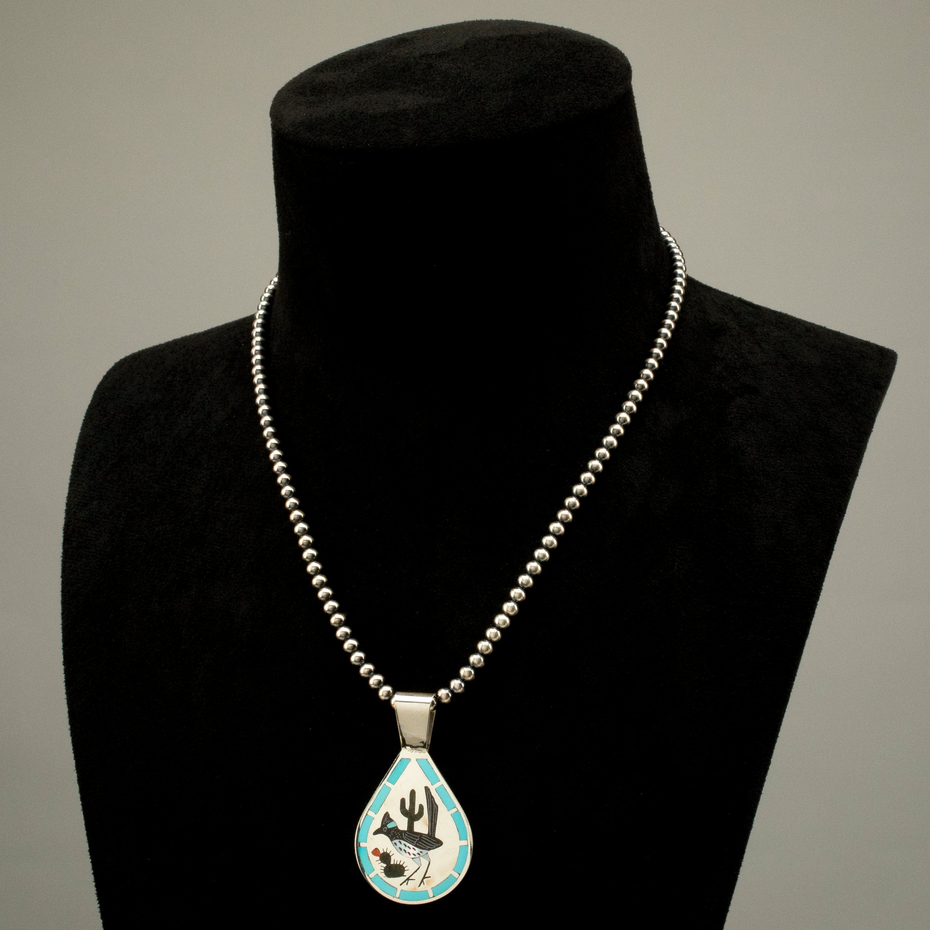 Kalifano Native American Jewelry 18" Dennis & Nancy Edaakie Mutli Gem Road Runner Zuni Inlay Pendant with 4mm Navajo Pearl Necklace USA Native American Made 925 Sterling Silver NAN1500.012