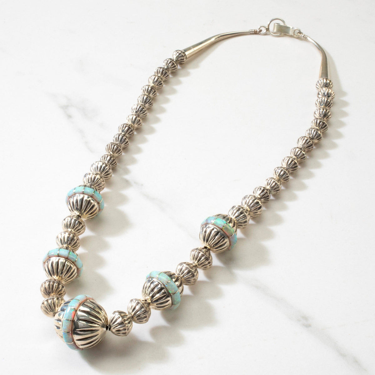 Kalifano Native American Jewelry 21" Graduated Navajo Pearls with Opal Inlay USA Native American Made 925 Sterling Silver Necklace NAN2900.005