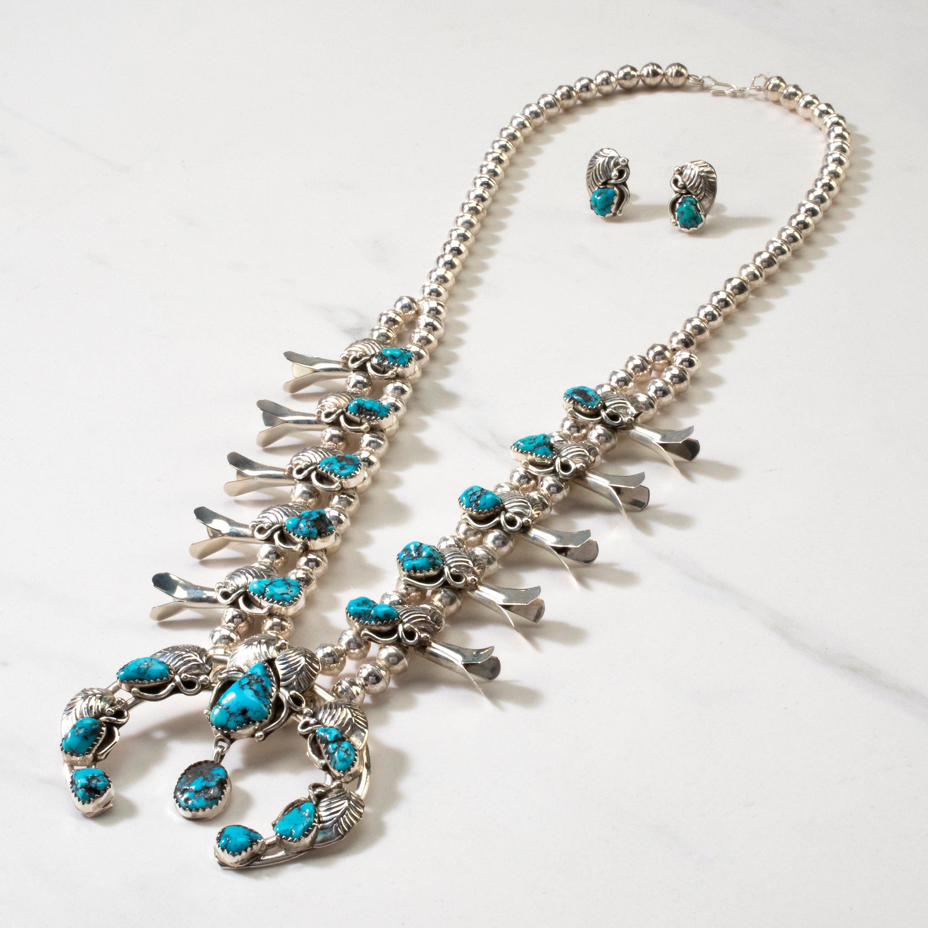 Kalifano Native American Jewelry 21" Navajo Sleeping Beauty Turquoise Squash Blosssom USA Native American Made 925 Sterling Silver Necklace & Stud Earring Set NAN3000.006