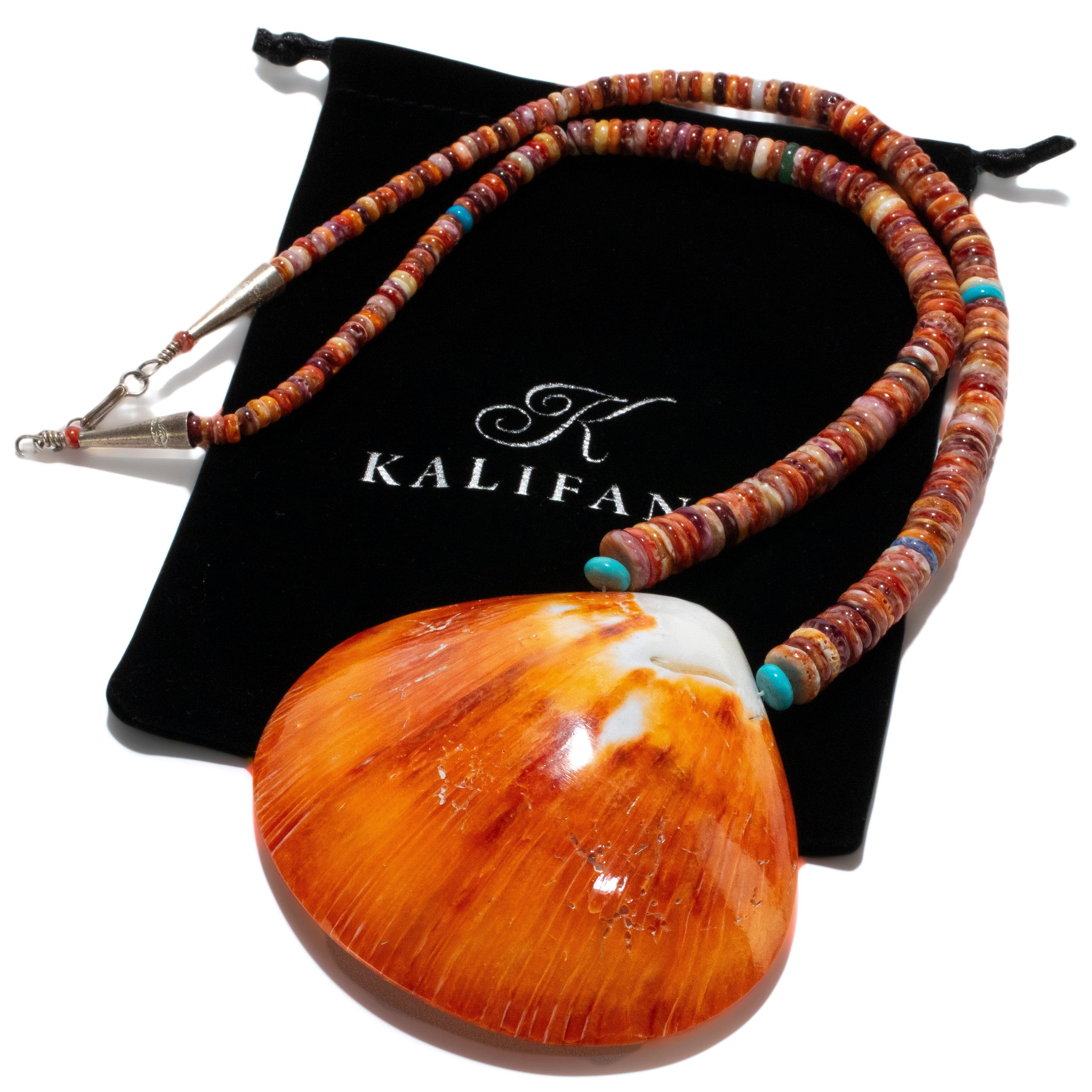 Kalifano Native American Jewelry 26" Orange Spiny Oyster Shell & Turquoise USA Native American Made 925 Sterling Silver Heishi Bead Necklace NAN1200.022