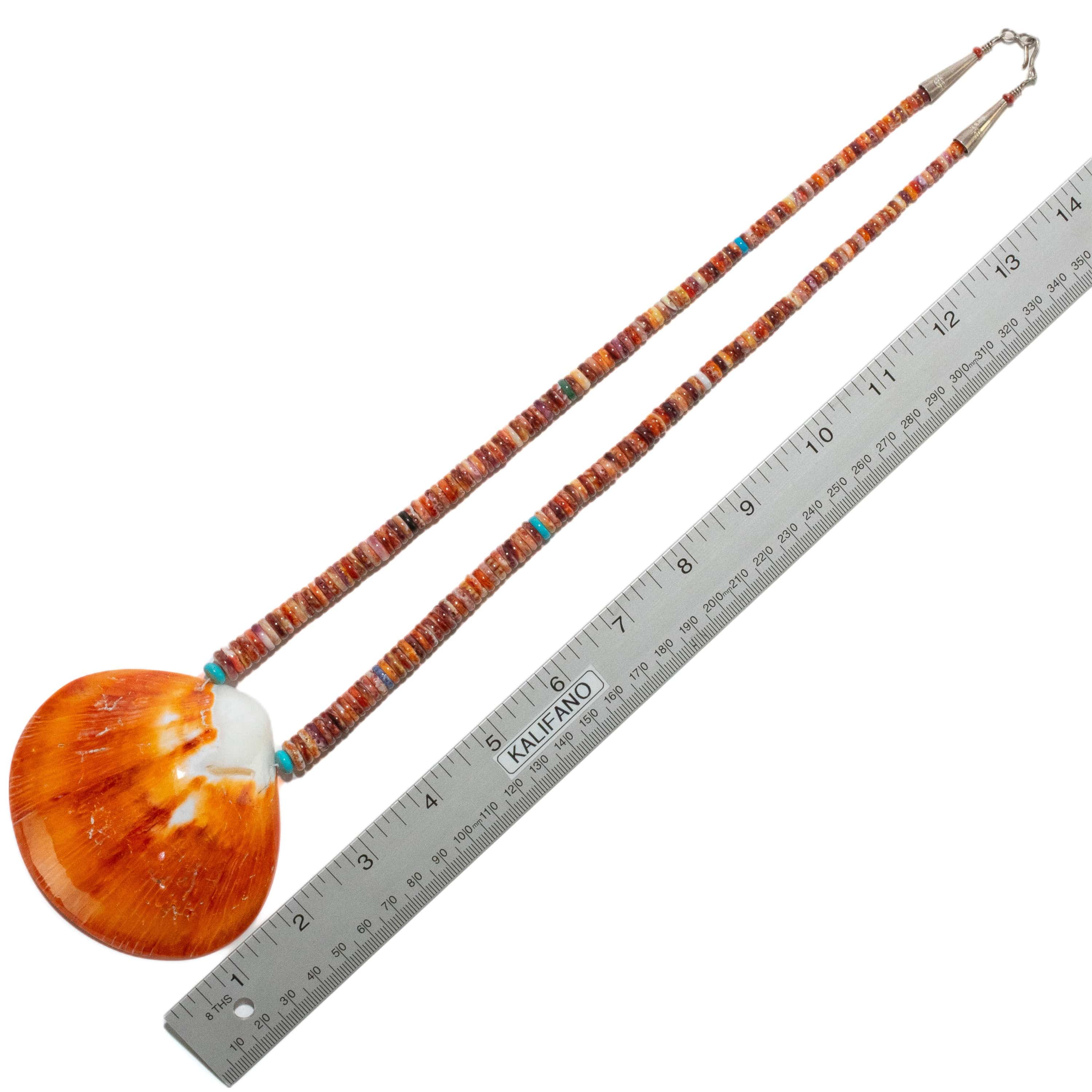 Kalifano Native American Jewelry 26" Orange Spiny Oyster Shell & Turquoise USA Native American Made 925 Sterling Silver Heishi Bead Necklace NAN1200.022