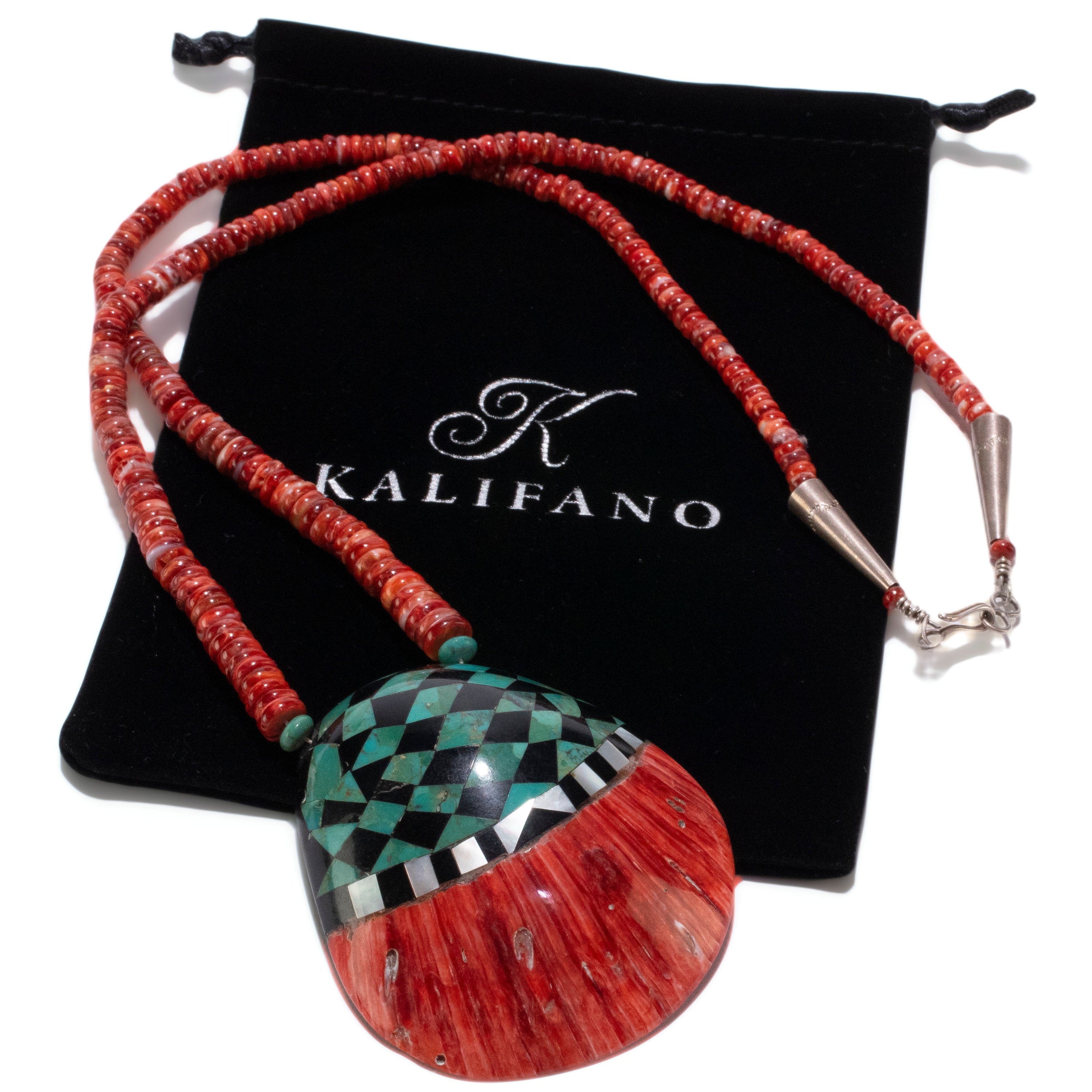 Kalifano Native American Jewelry 26" Red Spiny Oyster Shell with Turquoise, Mother of Pearl, and Black Onyx USA Native American Made 925 Sterling Silver Heishi Bead Necklace NAN1200.021