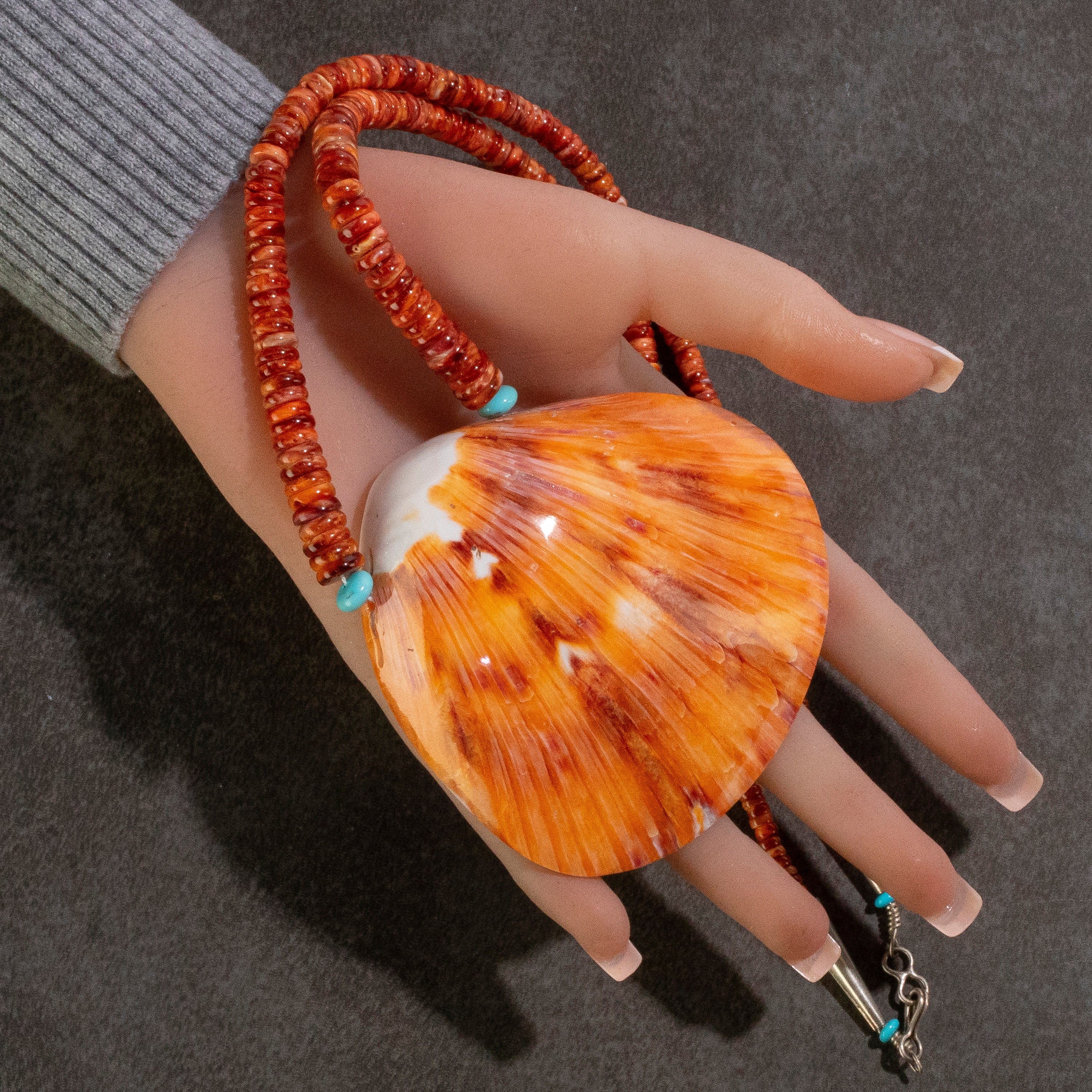 Kalifano Native American Jewelry 27" Orange Spiny Oyster Shell & Turquoise USA Native American Made 925 Sterling Silver Heishi Bead Necklace NAN1200.024