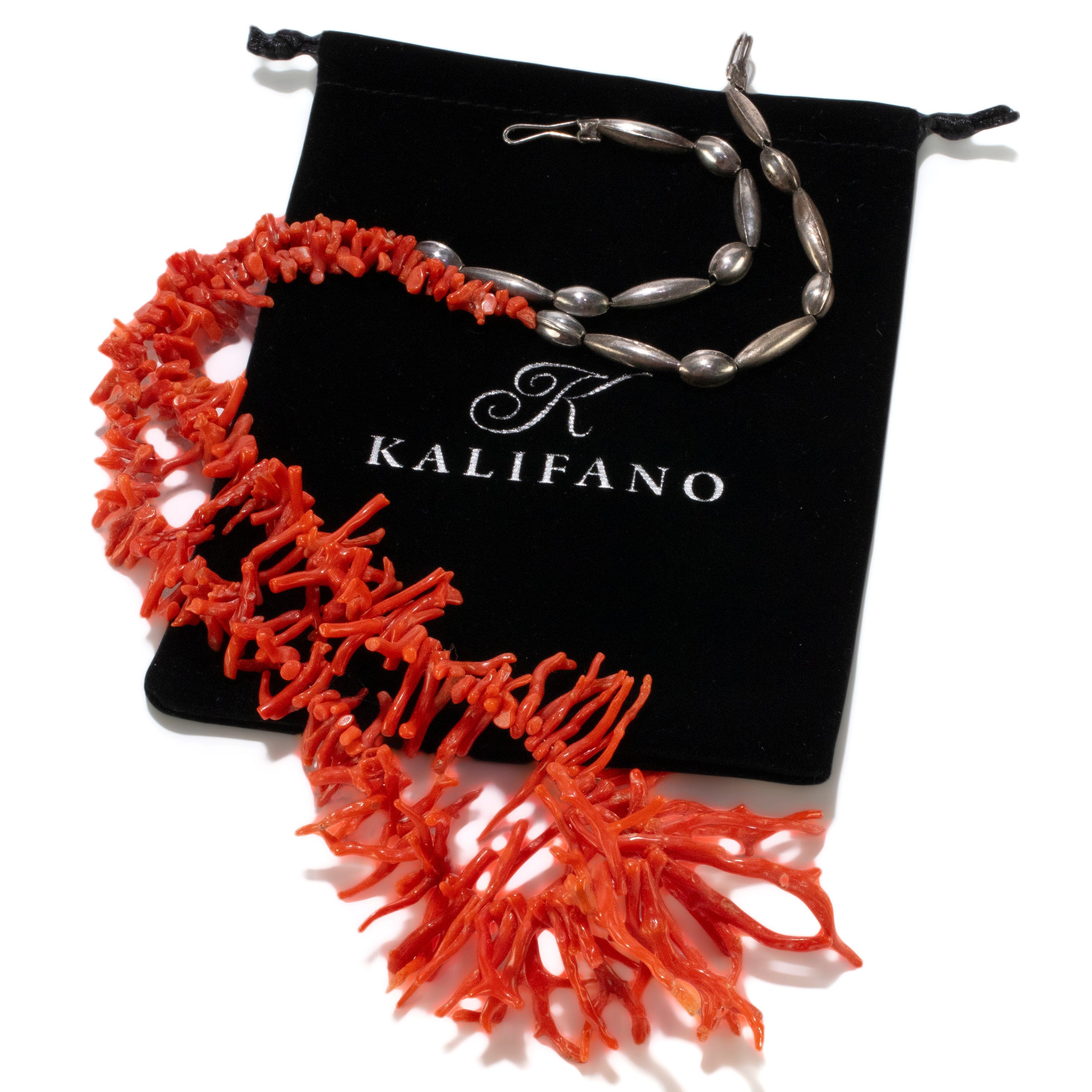 Kalifano Native American Jewelry 29.5" Mediterranean Coral USA Native American Made 925 Sterling Silver Necklace NAN600.022