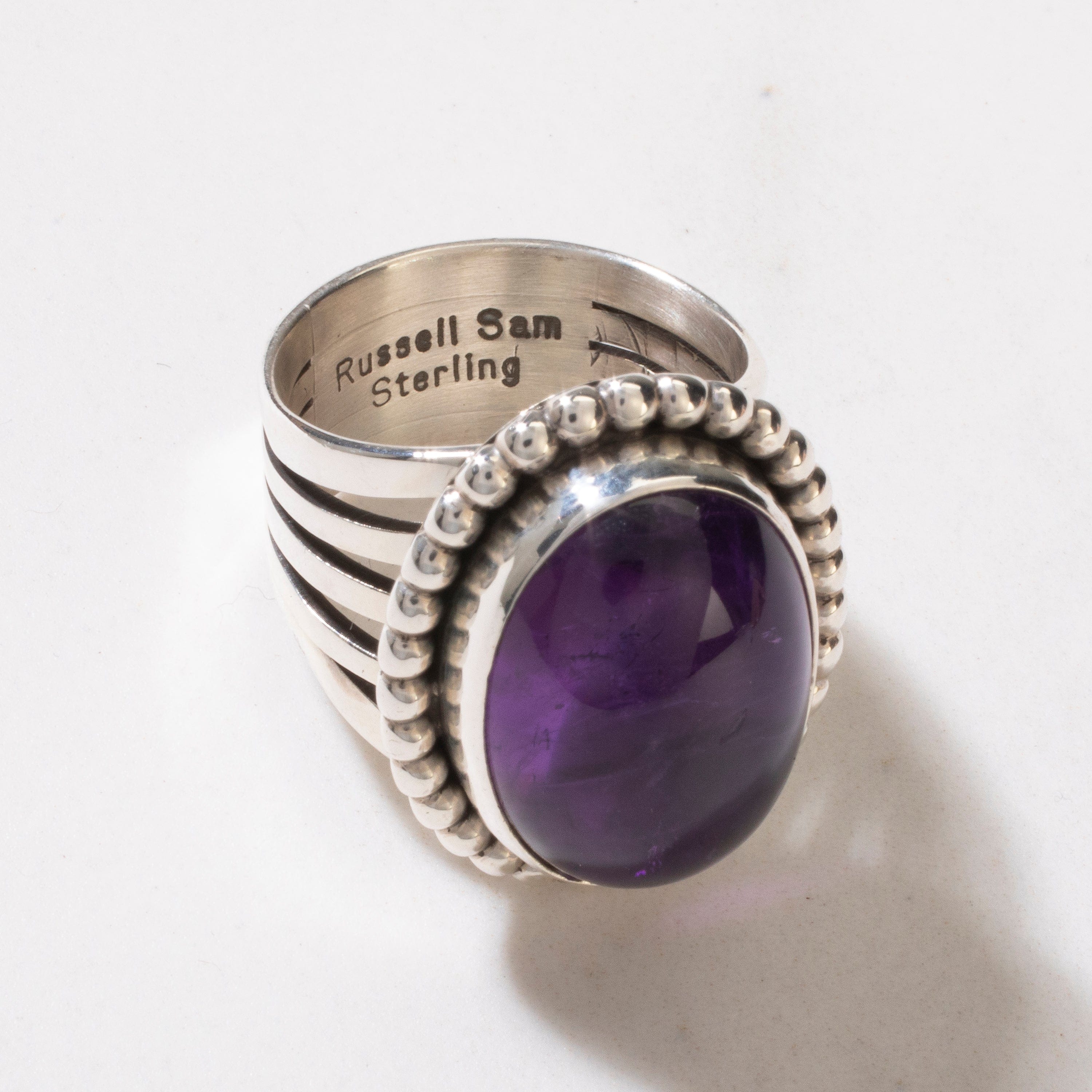 Kalifano Native American Jewelry 5 Russell Sam Amethyst Cabochon Navajo USA Native American Made 925 Sterling Silver Ring NAR600.081.5