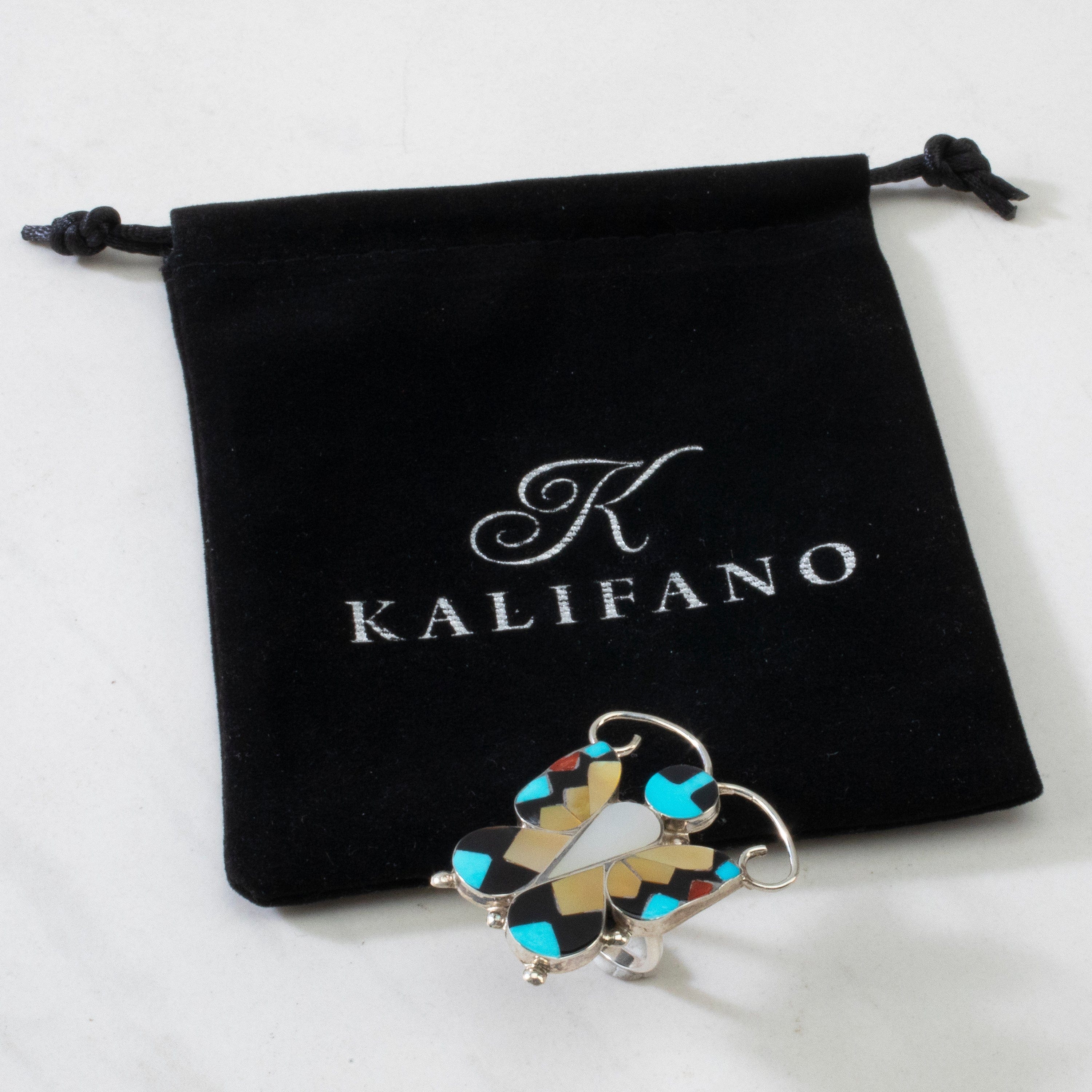Kalifano Native American Jewelry 6.5 Angus Ahiyite Multi Gem Butterfly USA Zuni Made 925 Sterling Silver Ring NAR450.011.65
