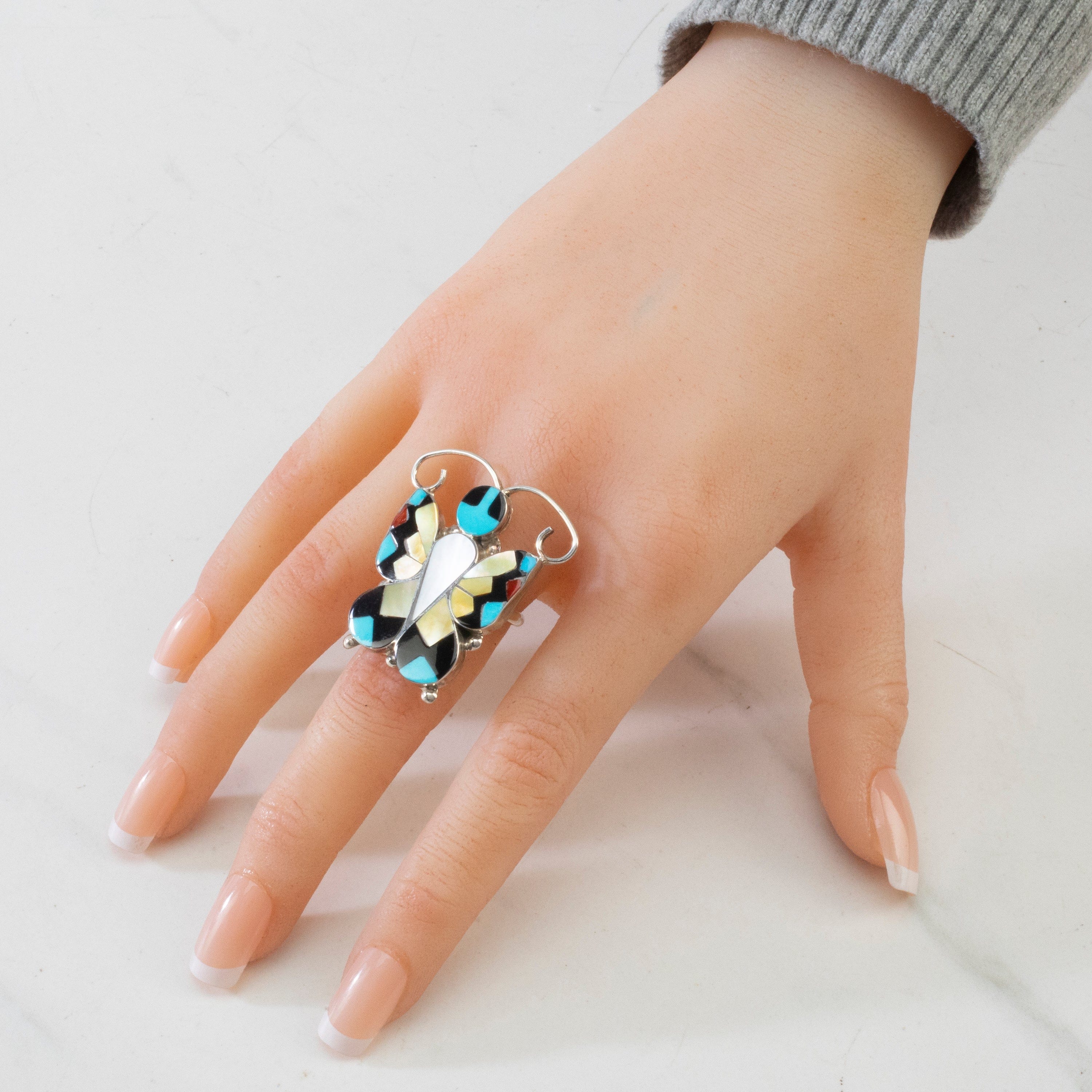 Kalifano Native American Jewelry 6.5 Angus Ahiyite Multi Gem Butterfly USA Zuni Made 925 Sterling Silver Ring NAR450.011.65