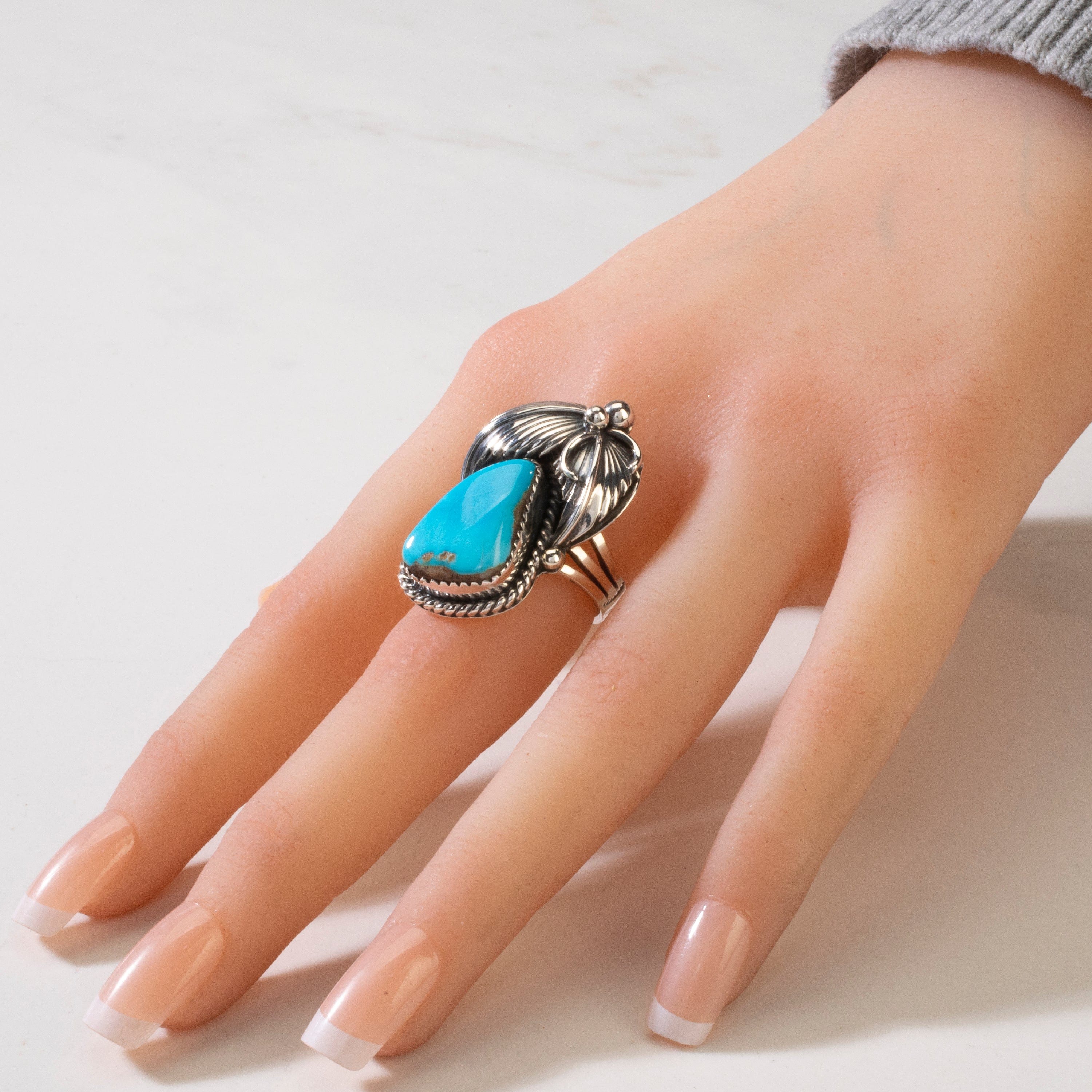 Kalifano Native American Jewelry 6 Joe Piaso Jr. Sleeping Beauty Turquoise Feather Navajo USA Native American Made 925 Sterling Silver Ring NAR700.033.6