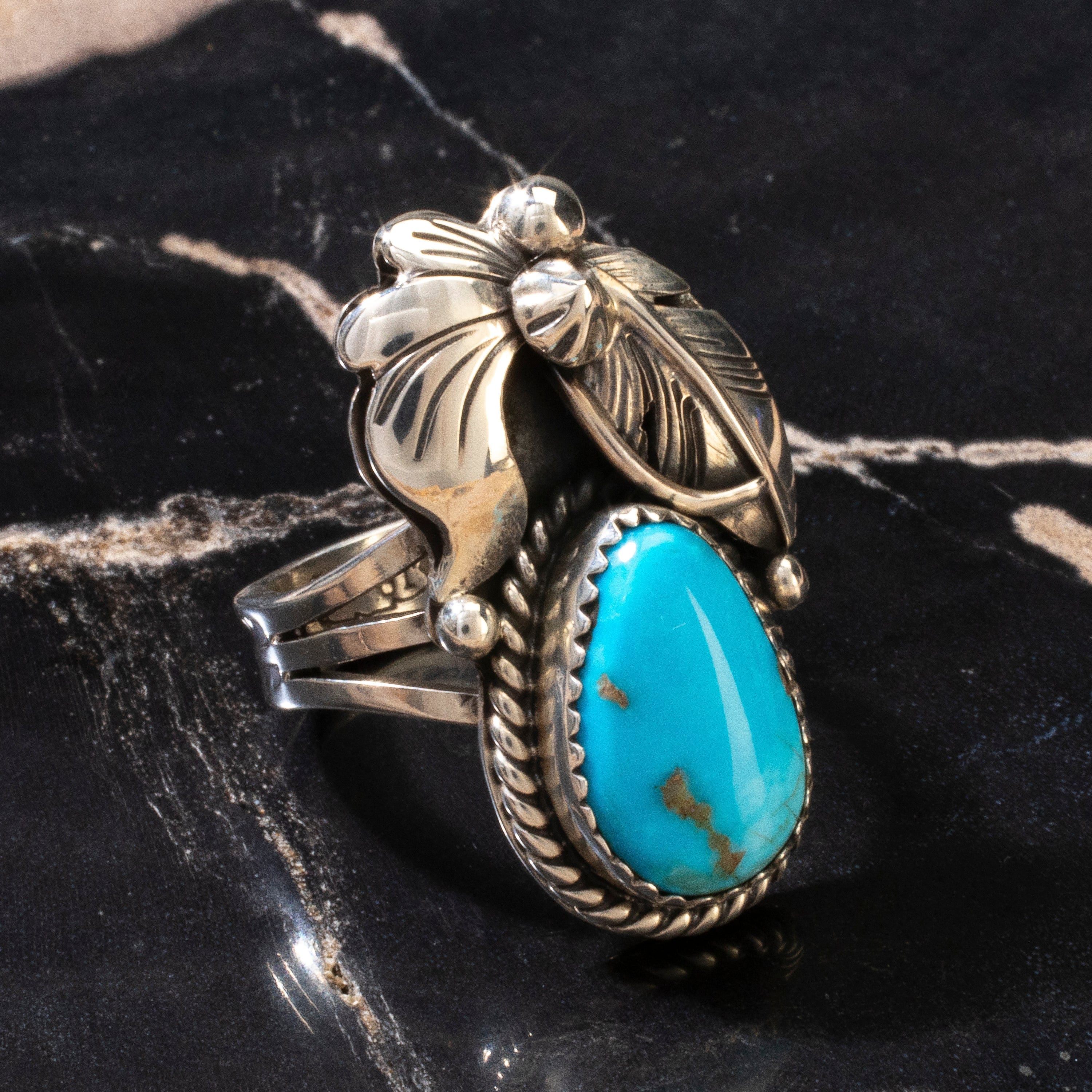 Kalifano Native American Jewelry 7 Joe Piaso Jr. Sleeping Beauty Turquoise Feather Navajo USA Native American Made 925 Sterling Silver Ring NAR600.056.7